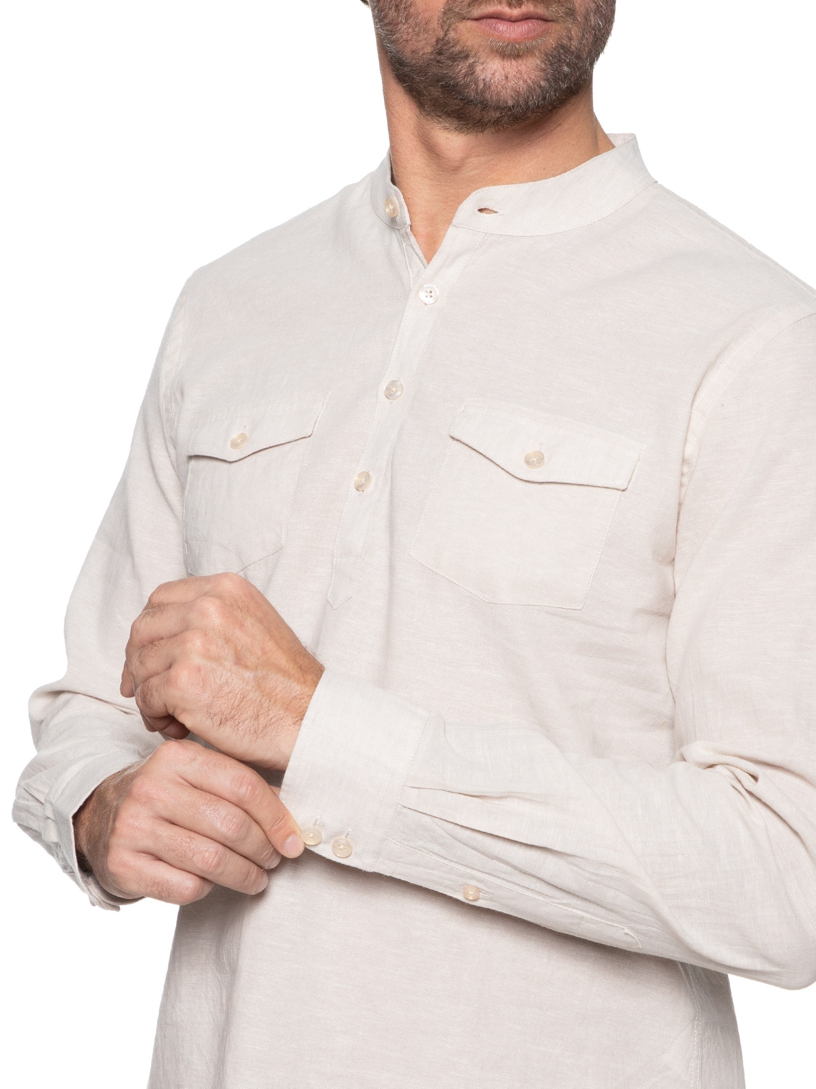 Camisa Masculina Linho Gola Padre Manga Longa Bege '2 Essential