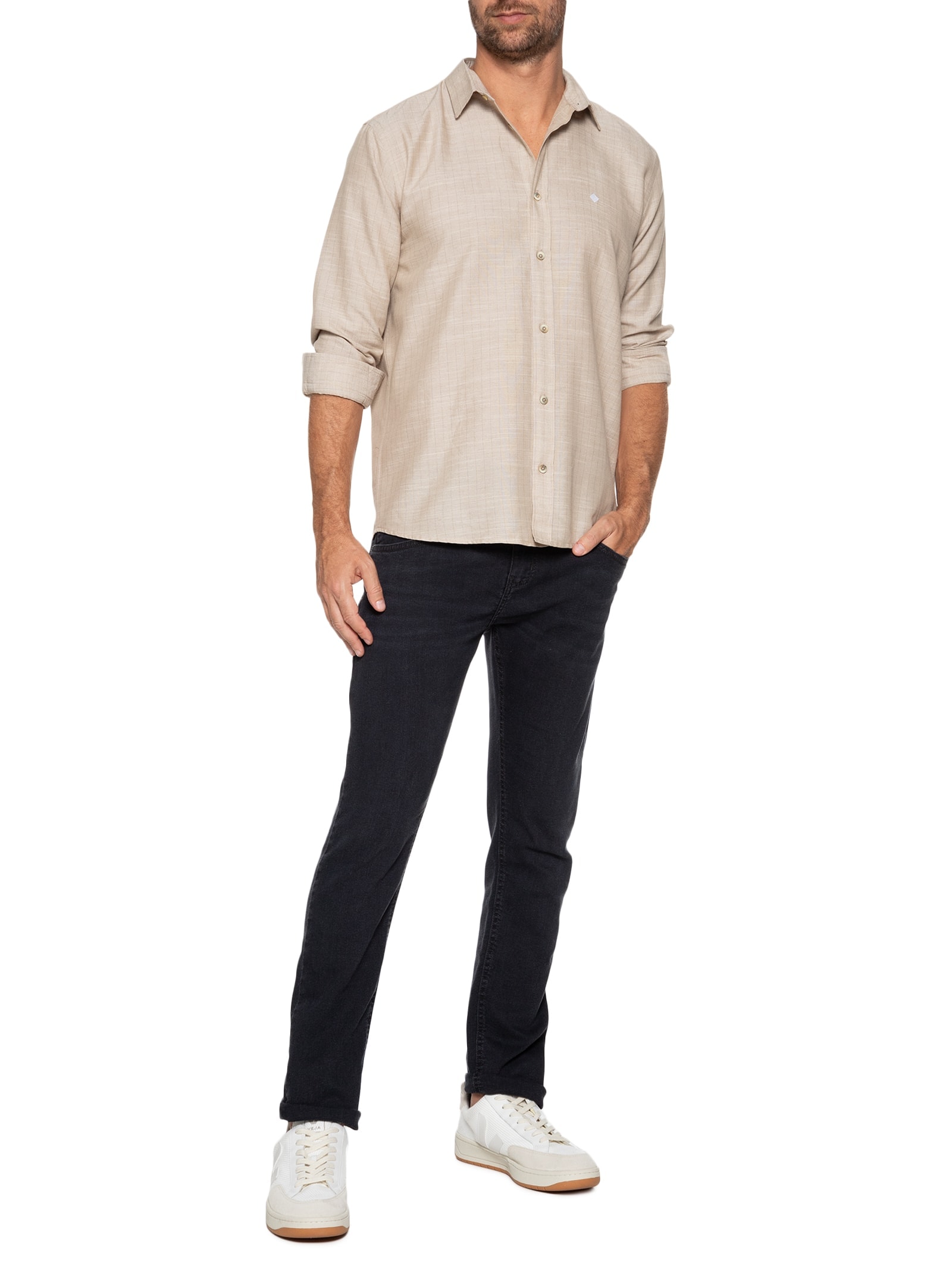 Camisa Masculina Linho Listrada Relax Bege Forum