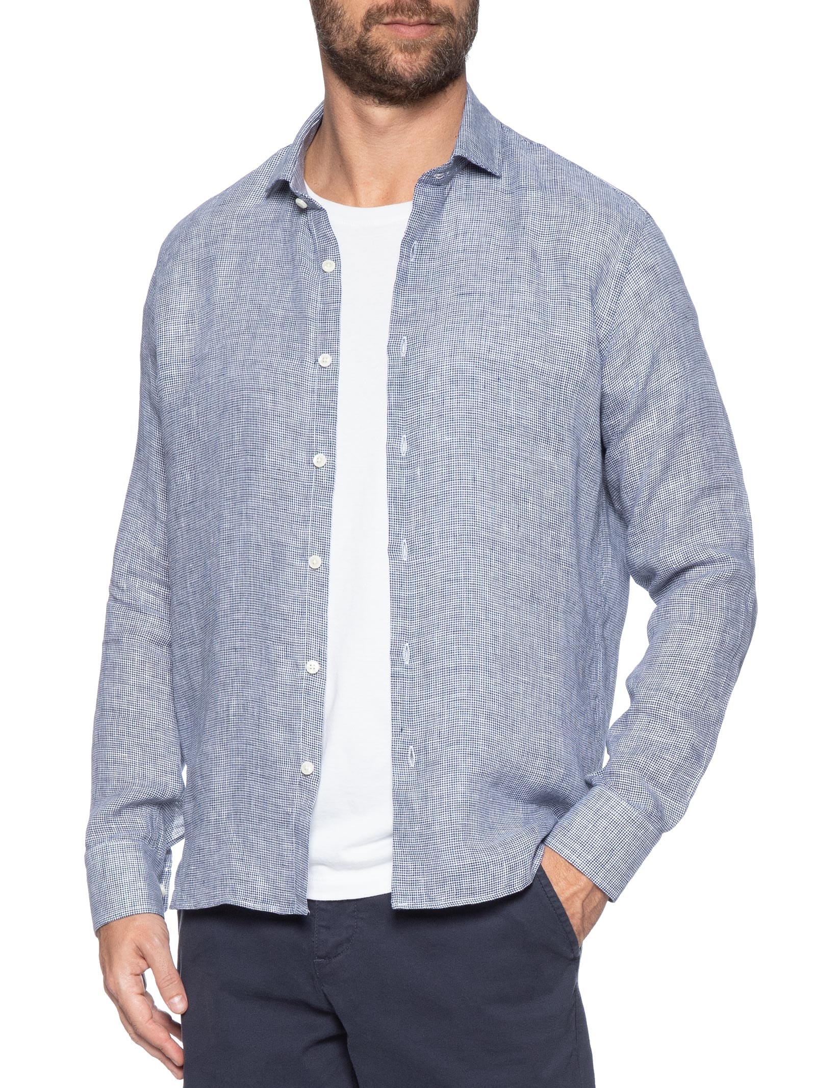 Camisa Masculina Linho Roma Pied De Poule Manga Longa Azul Oficina Reserva