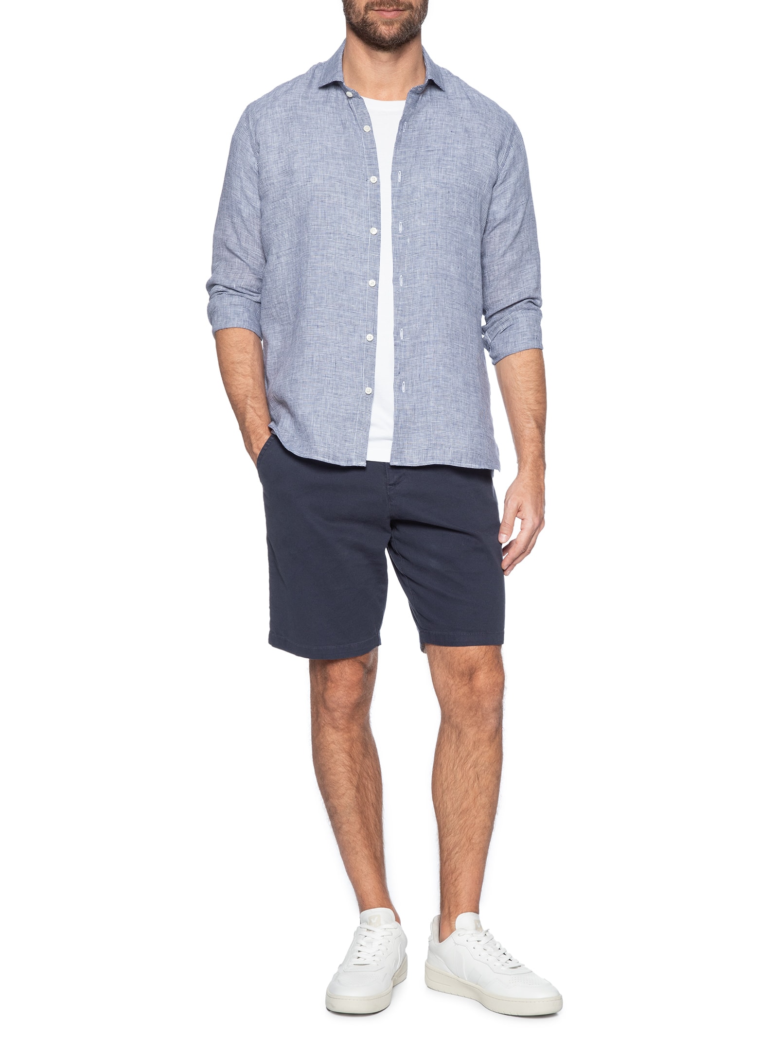 Camisa Masculina Linho Roma Pied De Poule Manga Longa Azul Oficina Reserva
