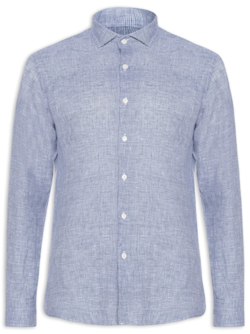 Camisa Masculina Linho Roma Pied De Poule Manga Longa – Azul