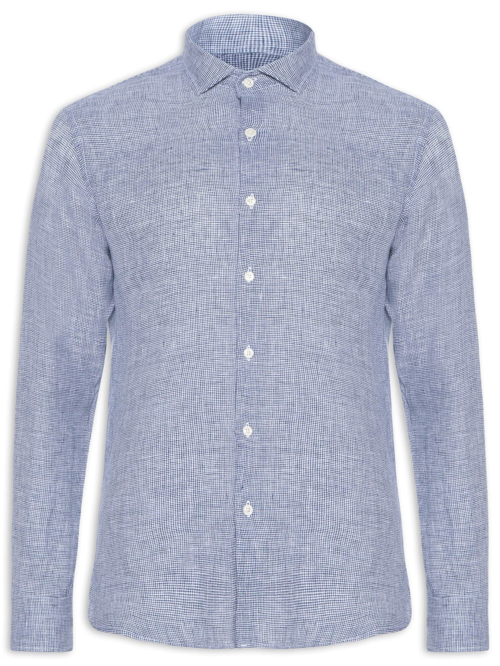 Camisa Masculina Linho Roma Pied De Poule Manga Longa Azul Oficina Reserva