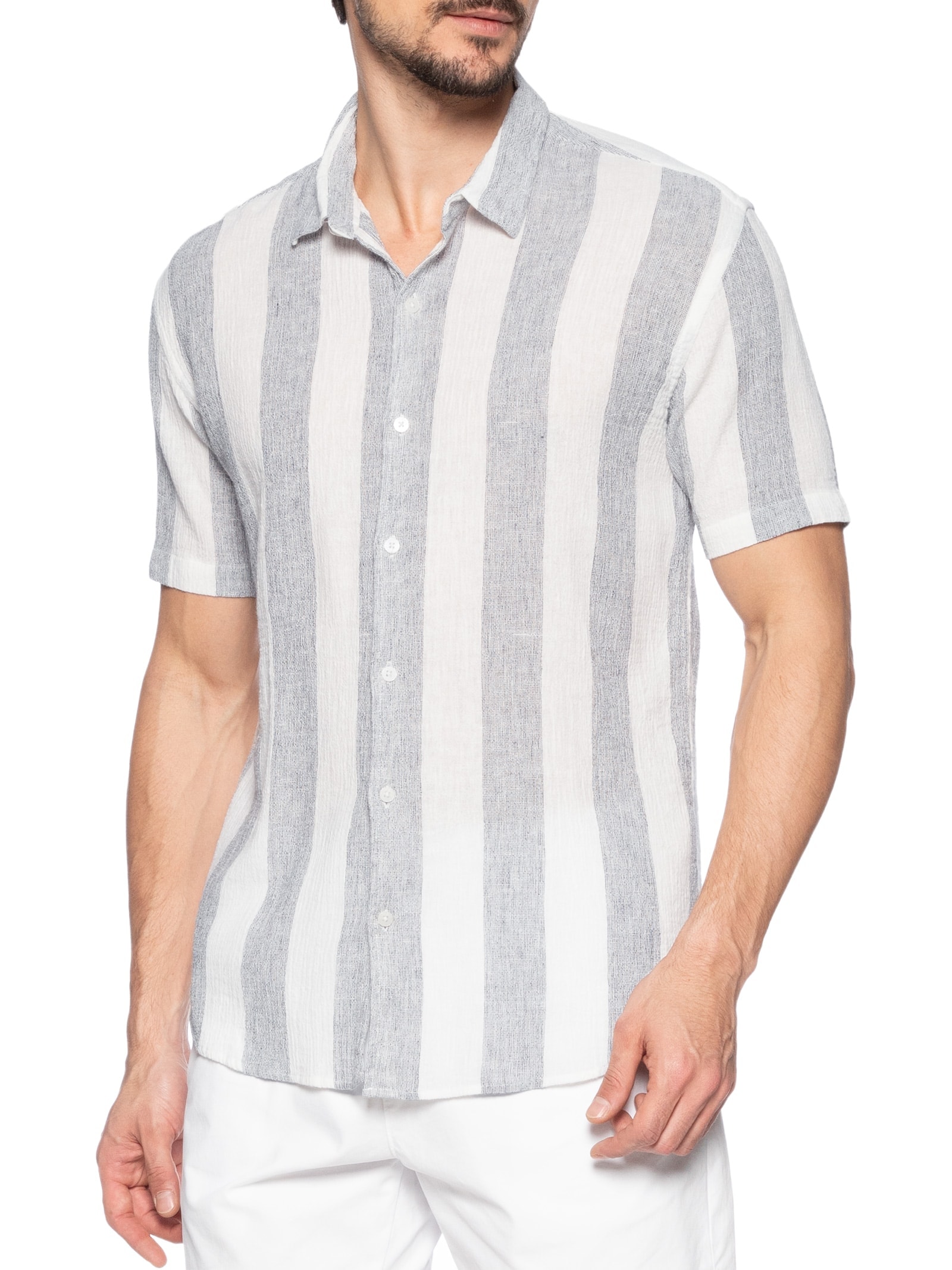 Camisa Masculina Linho Stripes Azul Foxton