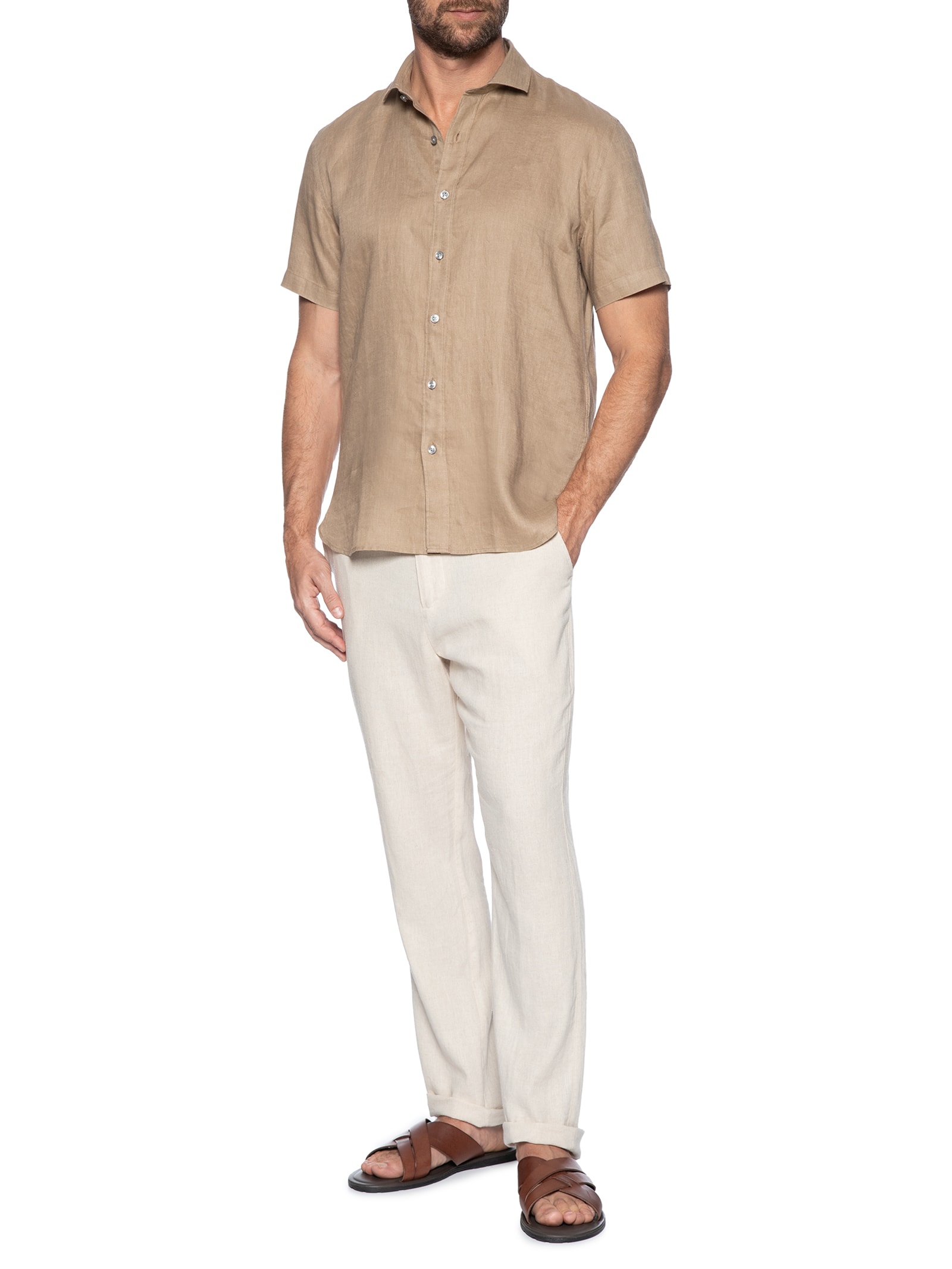 Camisa Masculina Linho Summer Manga Curta Marrom Oficina Reserva
