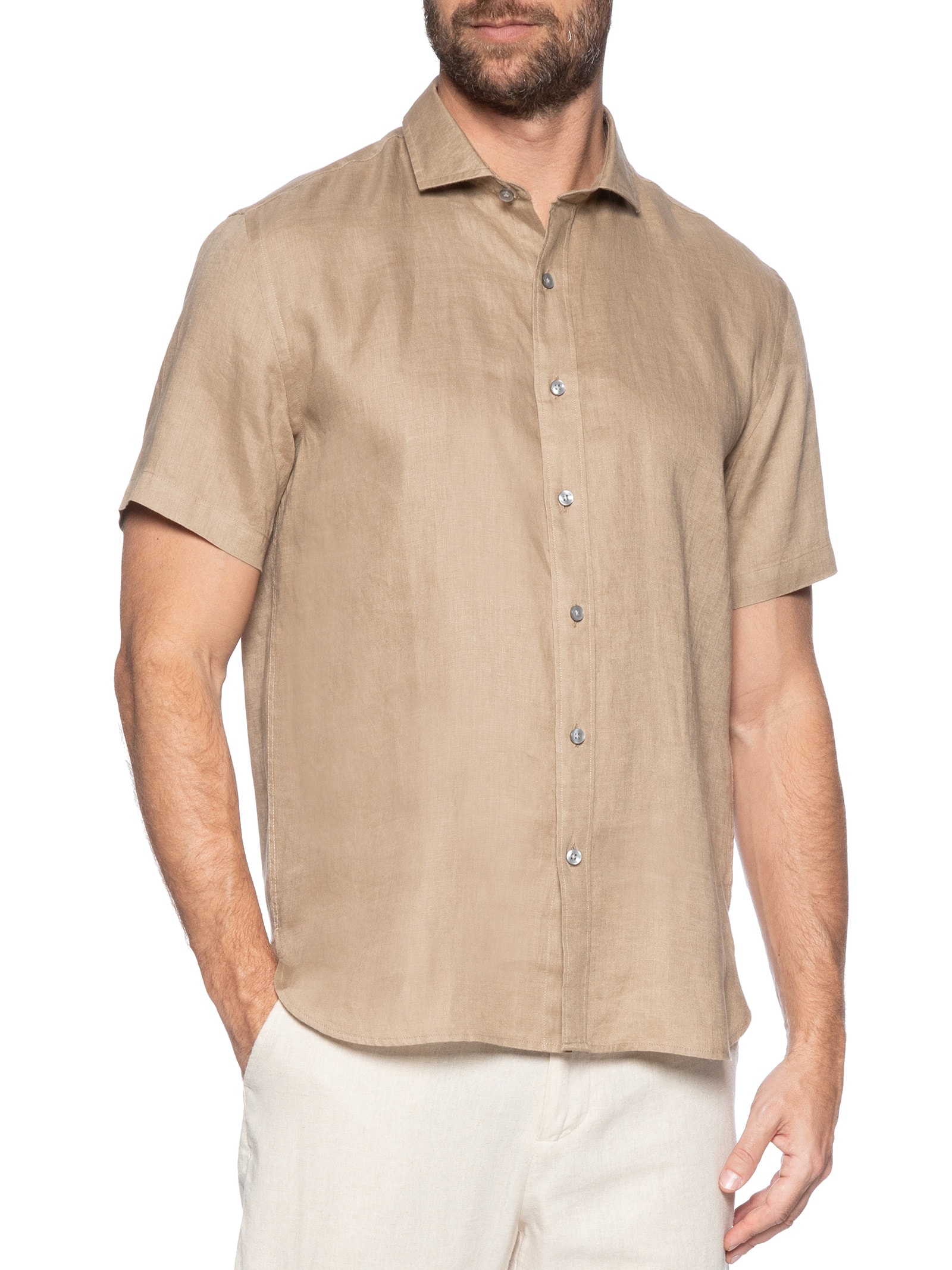 Camisa Masculina Linho Summer Manga Curta Marrom Oficina Reserva