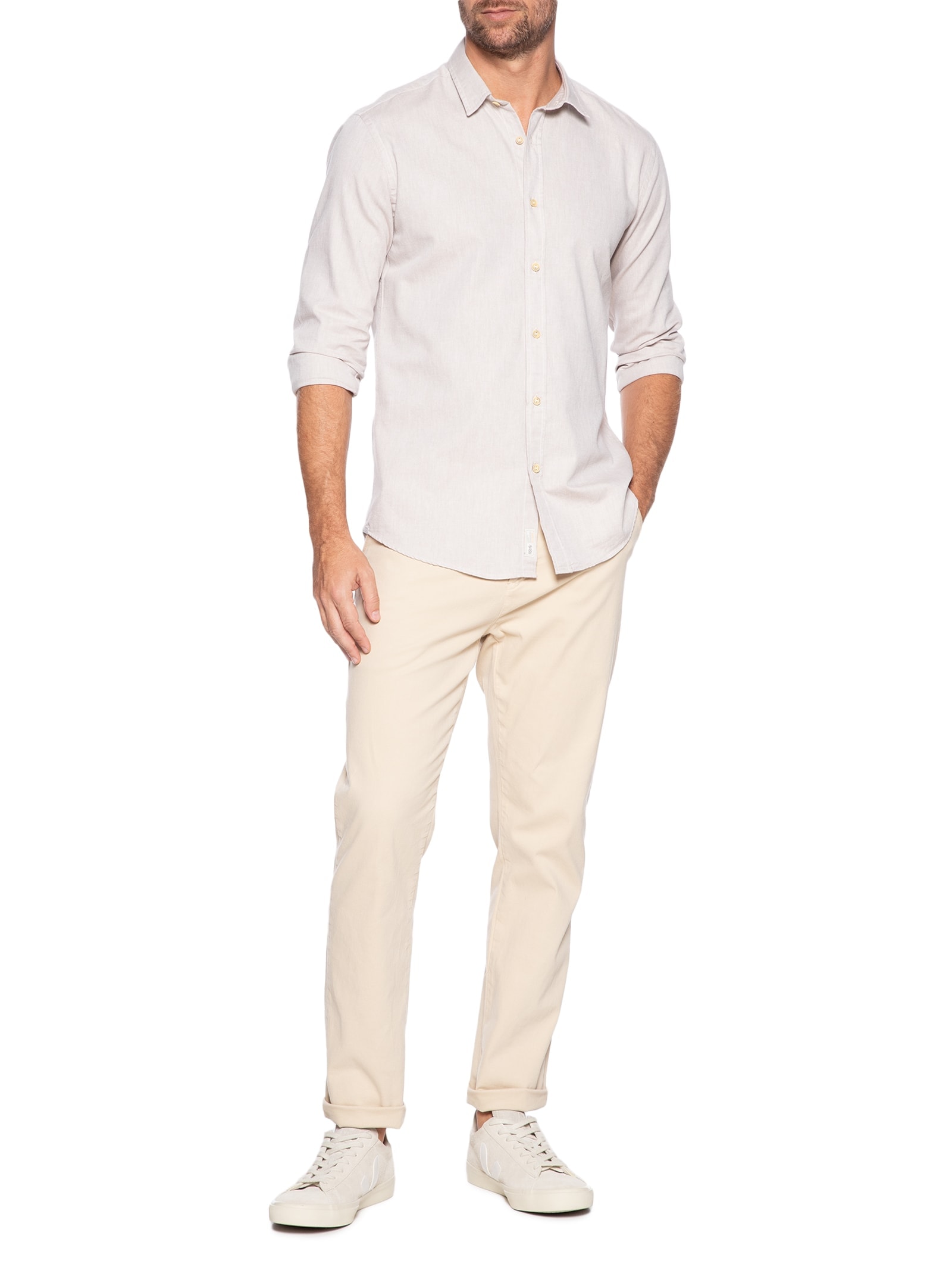 Camisa Masculina Lisa em Oxford Bege Pineapple