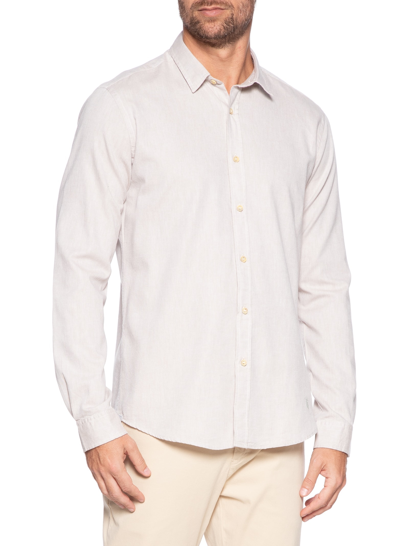 Camisa Masculina Lisa em Oxford Bege Pineapple