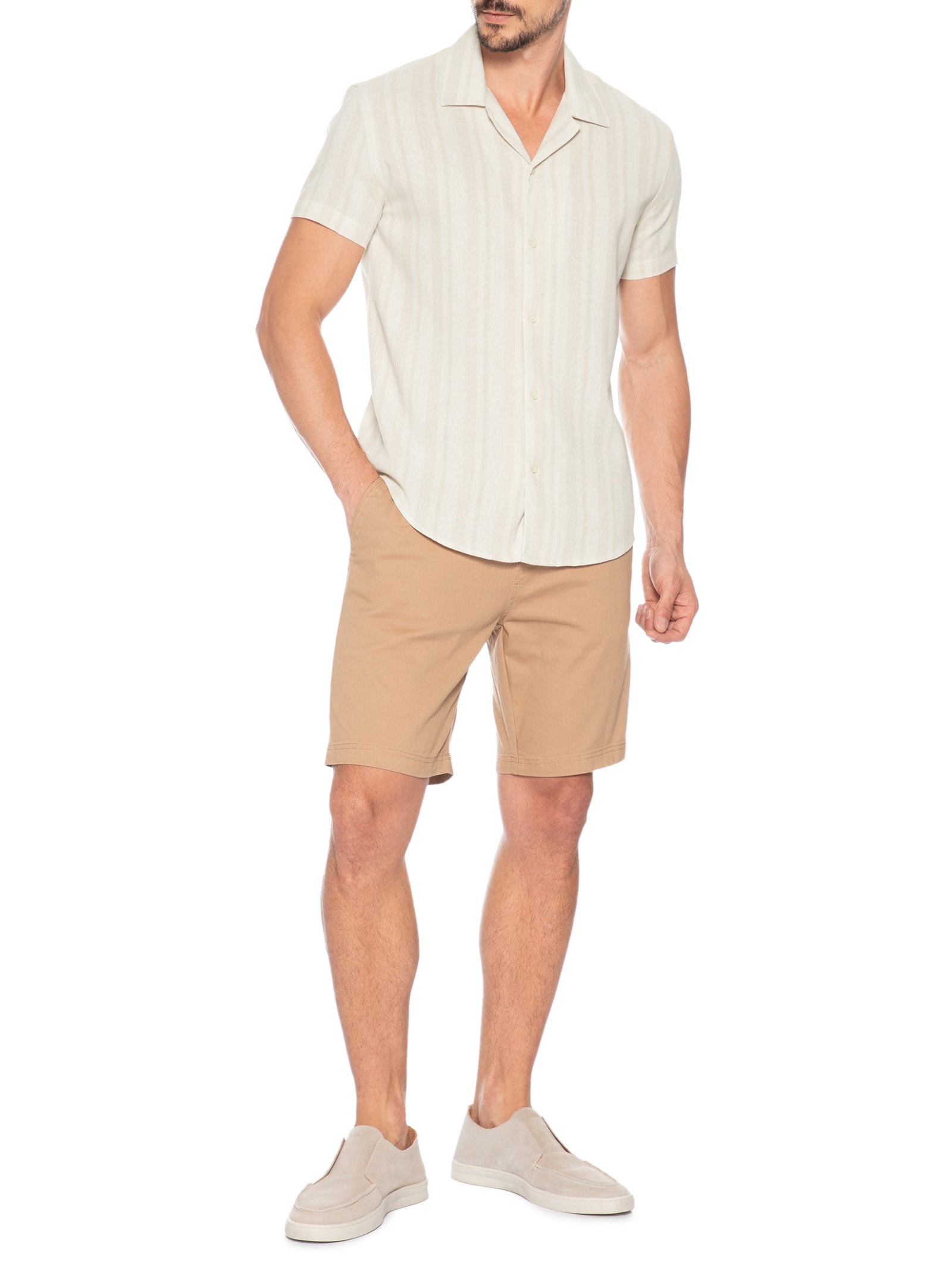 Camisa Masculina Listra Rústica Linho Bege Sergio K