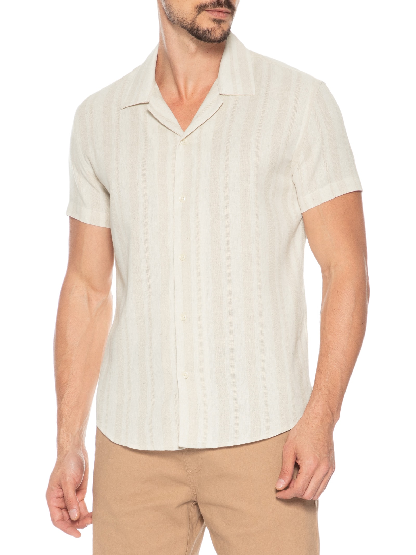 Camisa Masculina Listra Rústica Linho Bege Sergio K