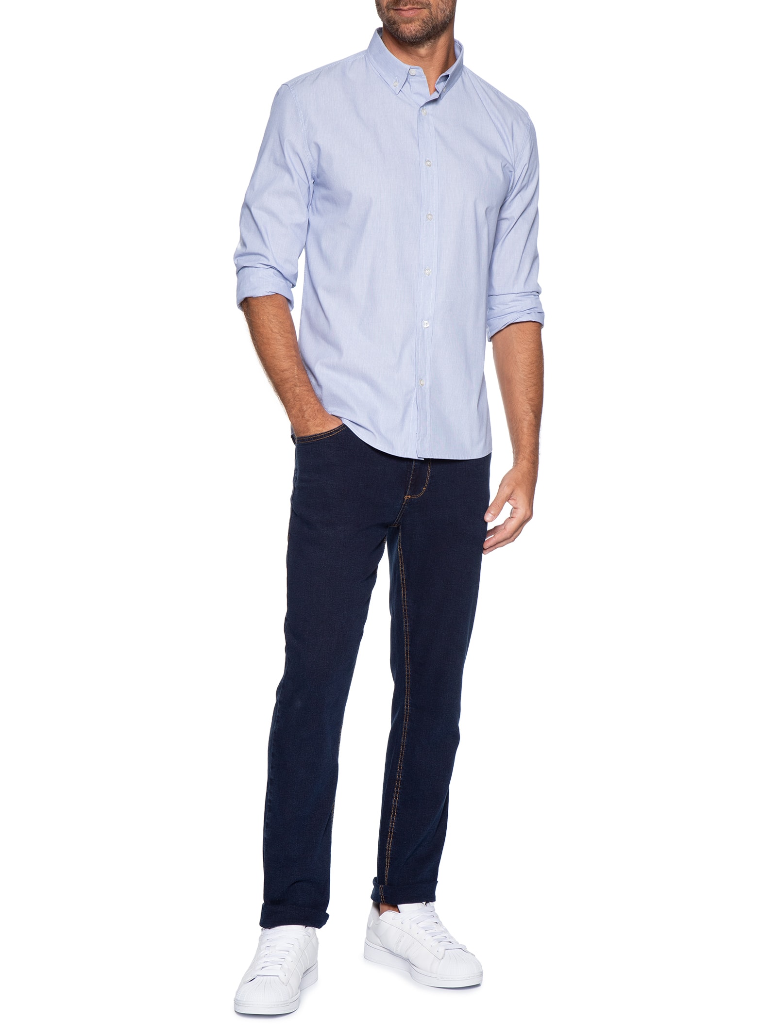 Camisa Masculina Listrada Básica Em Tricoline Azul Hering