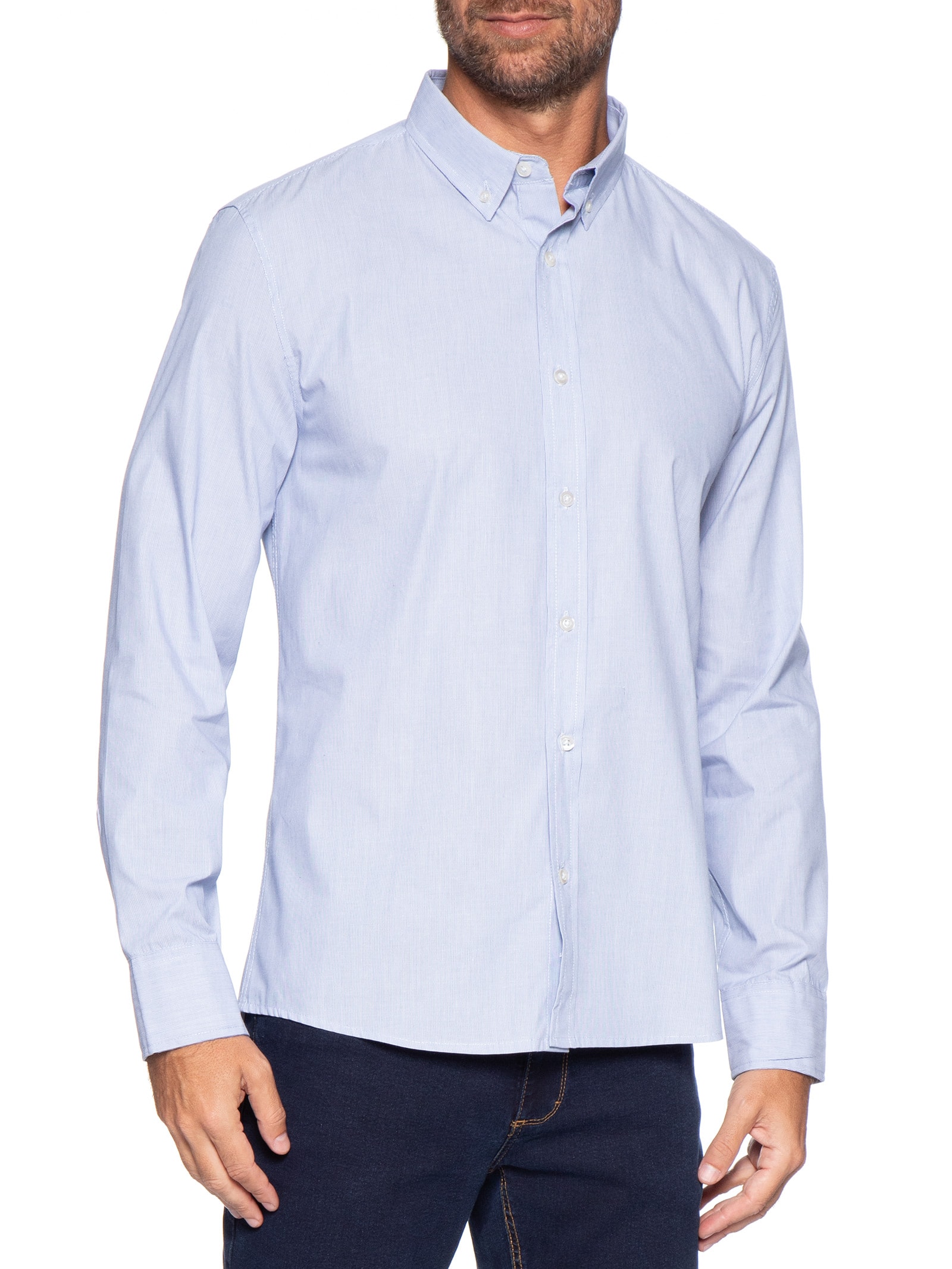 Camisa Masculina Listrada Básica Em Tricoline Azul Hering