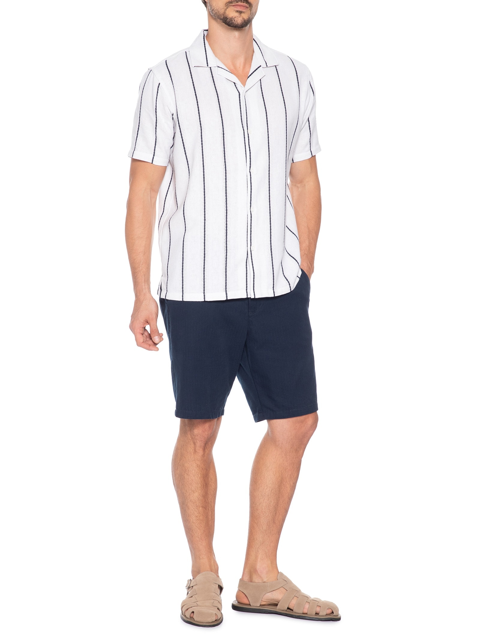 Camisa Masculina Listrada Ocean Branco Basiq Men