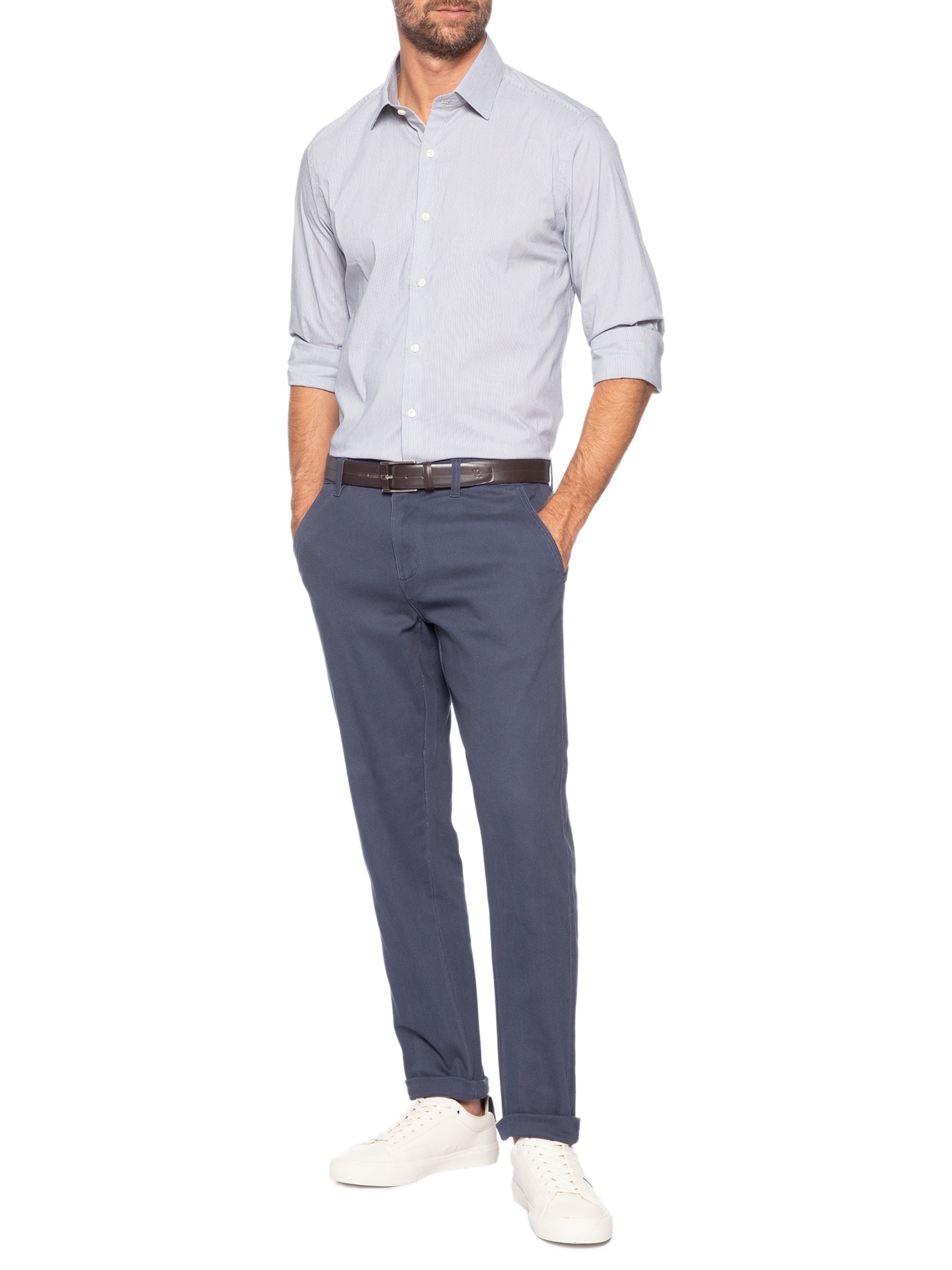 Camisa Masculina Londres Listra Fina Manga Longa Azul Oficina Reserva