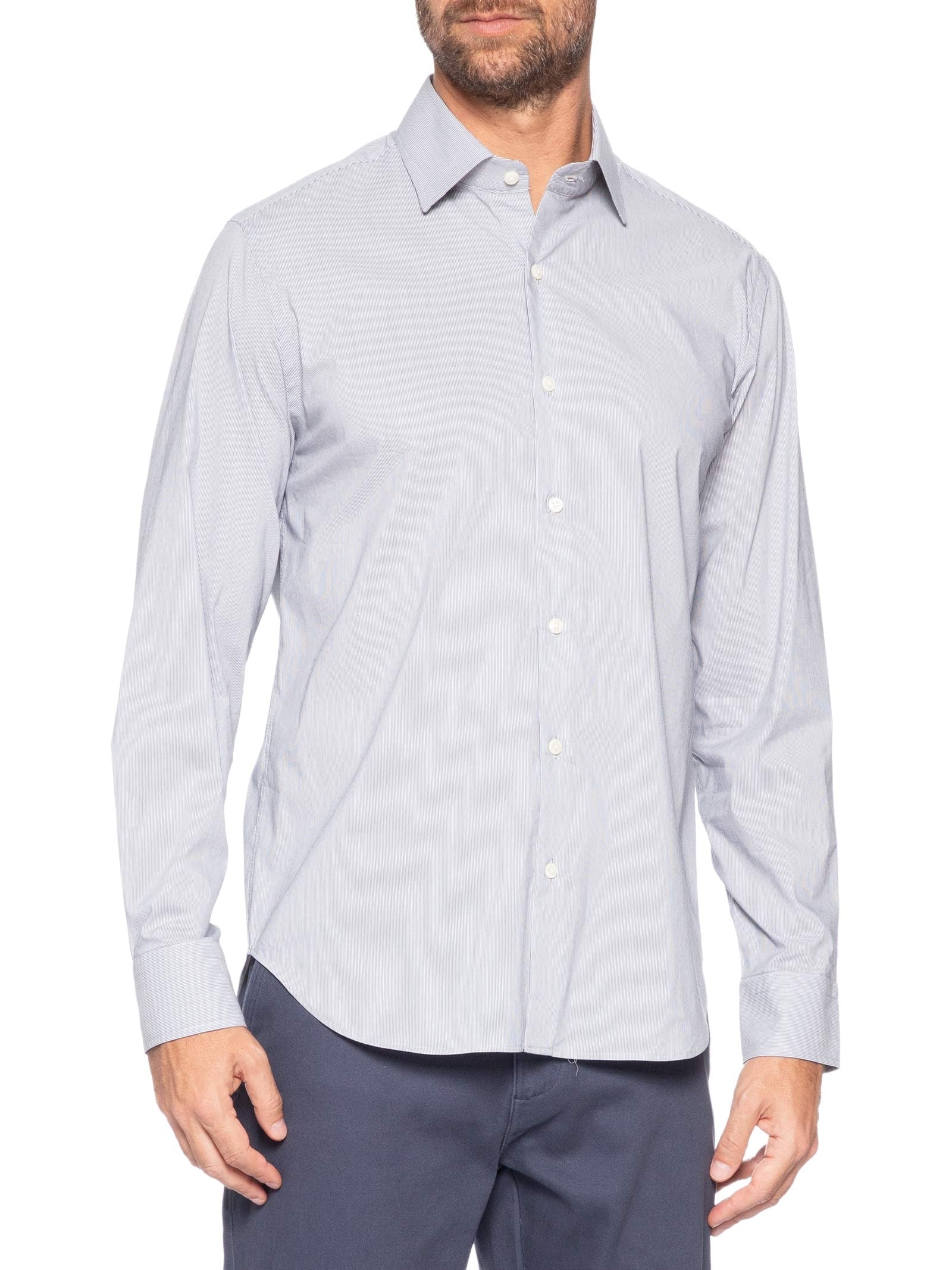 Camisa Masculina Londres Listra Fina Manga Longa Azul Oficina Reserva