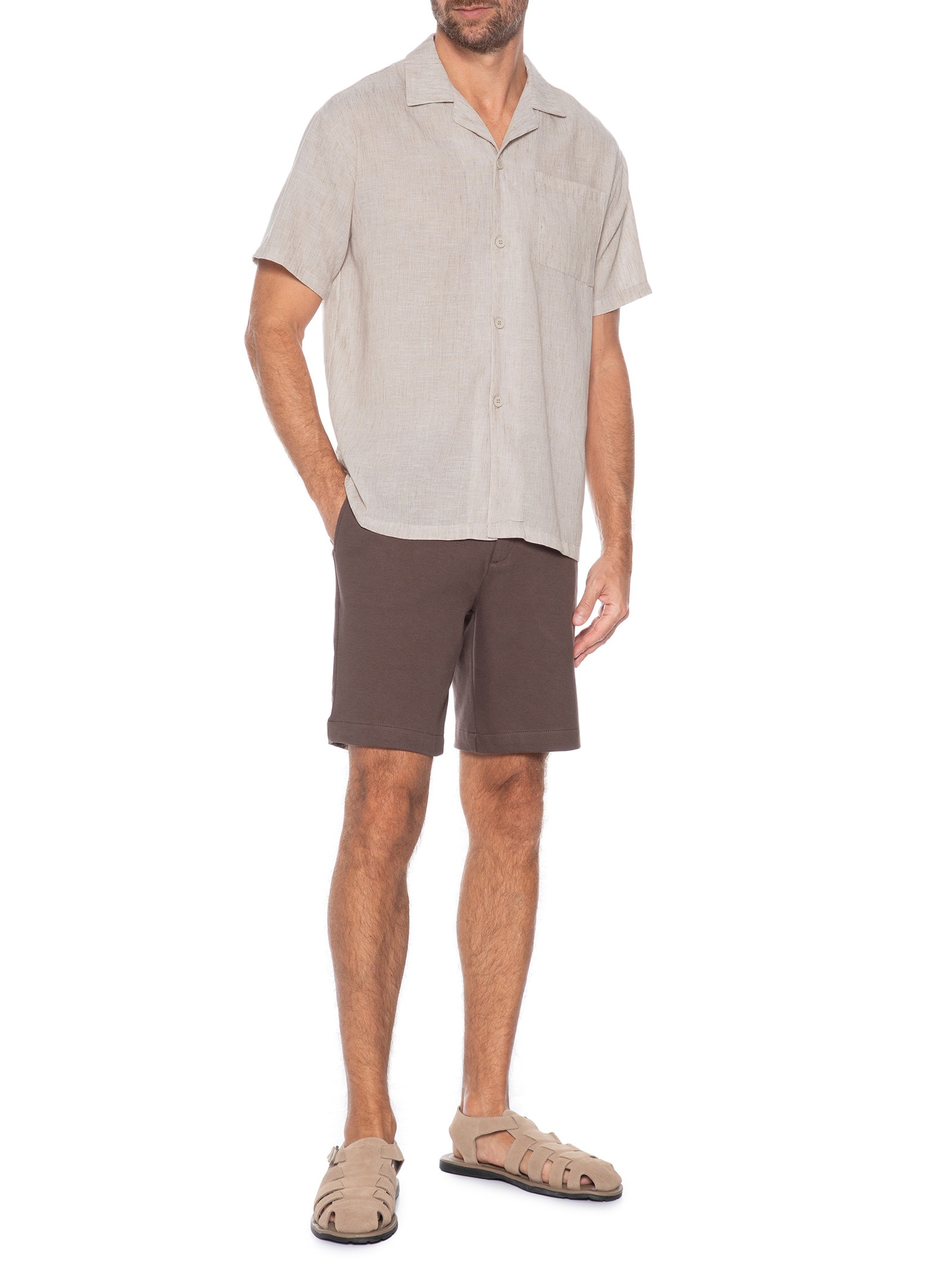 Camisa Masculina Manga Curta Bege Basiq Men
