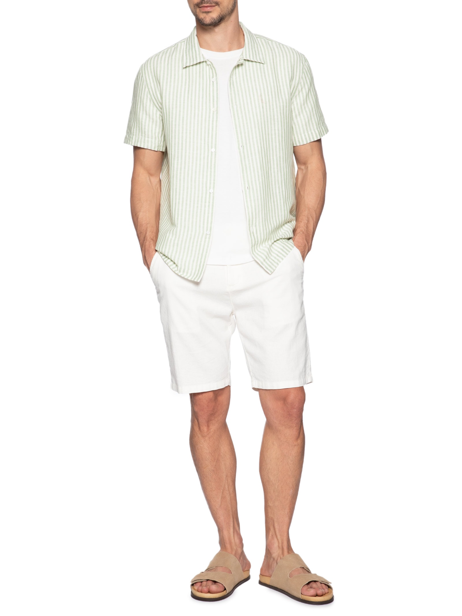 Camisa Masculina Manga Curta Brief Vintage Stripes Linen Off White Osklen