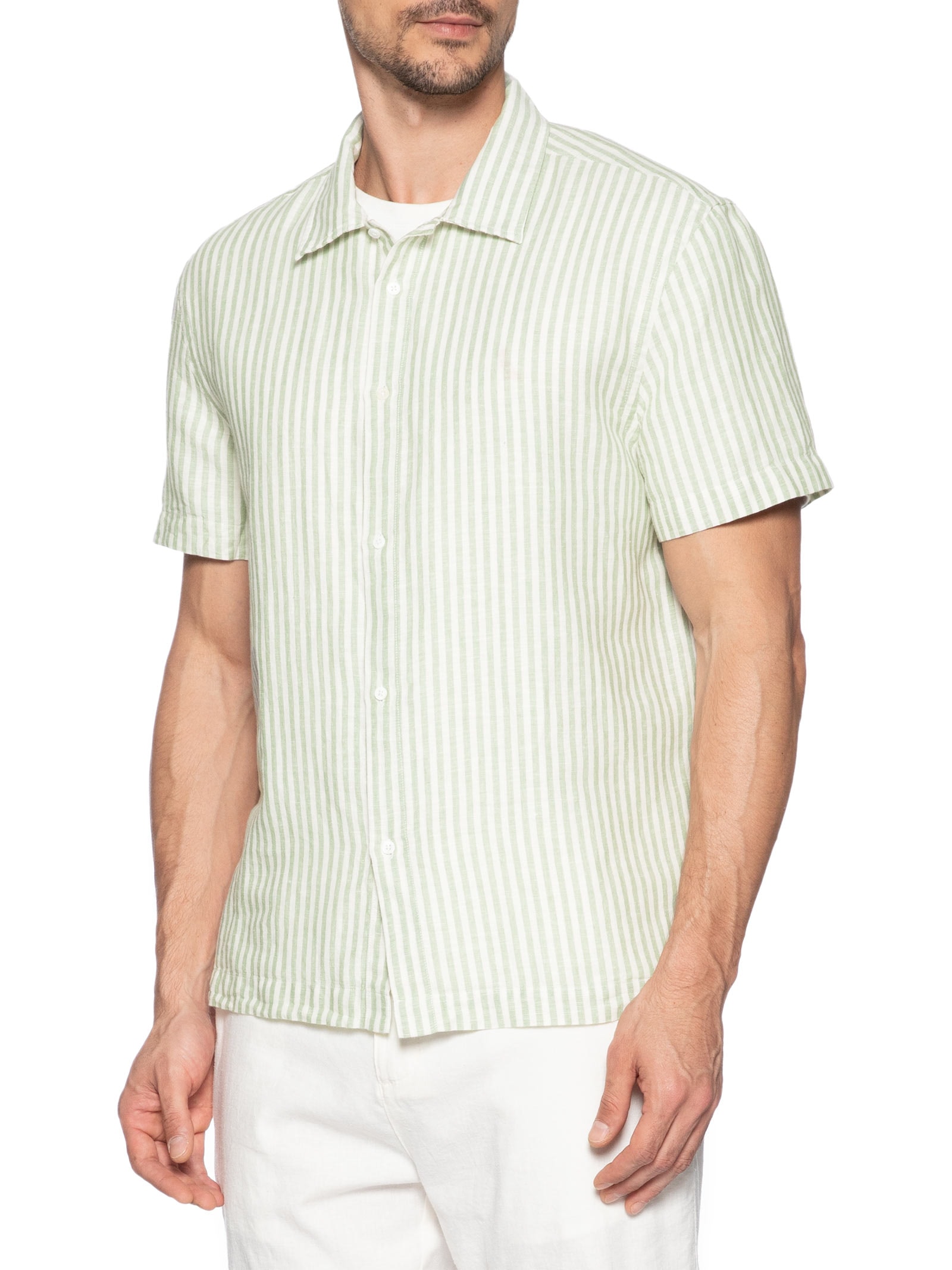 Camisa Masculina Manga Curta Brief Vintage Stripes Linen Off White Osklen