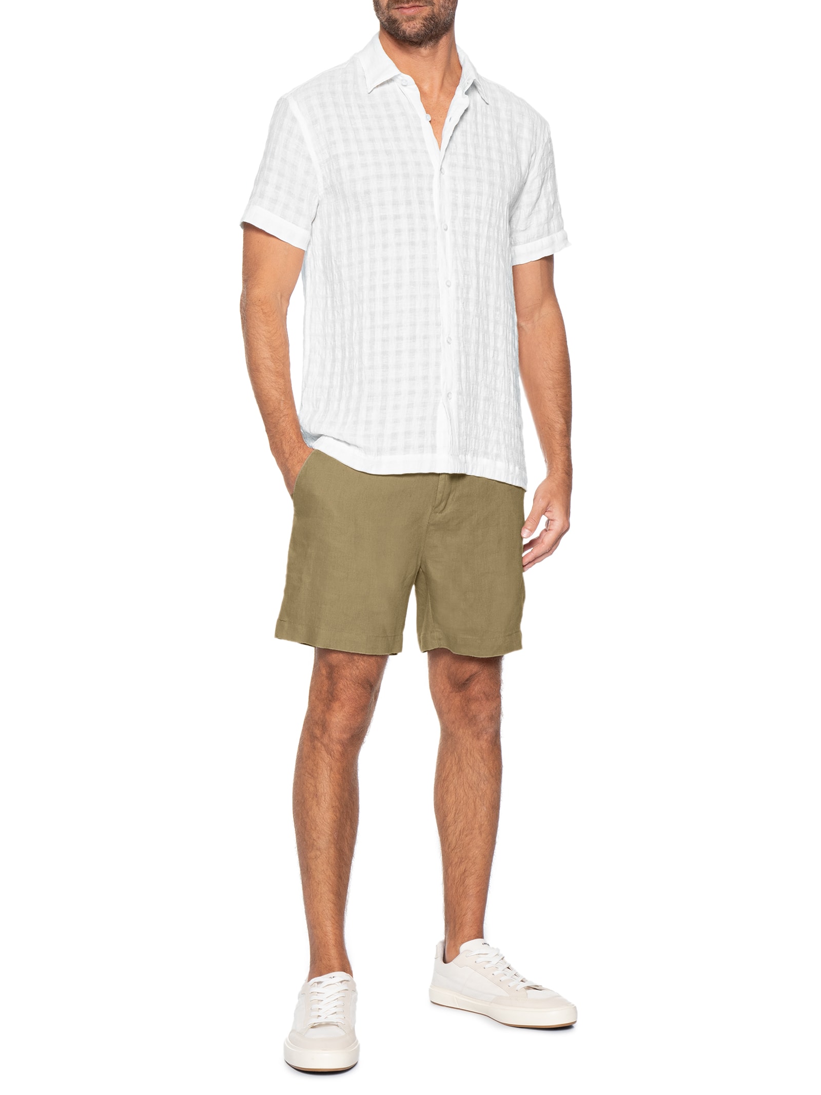 Camisa Masculina Manga Curta de Linho Havana Dark Branco Foxton