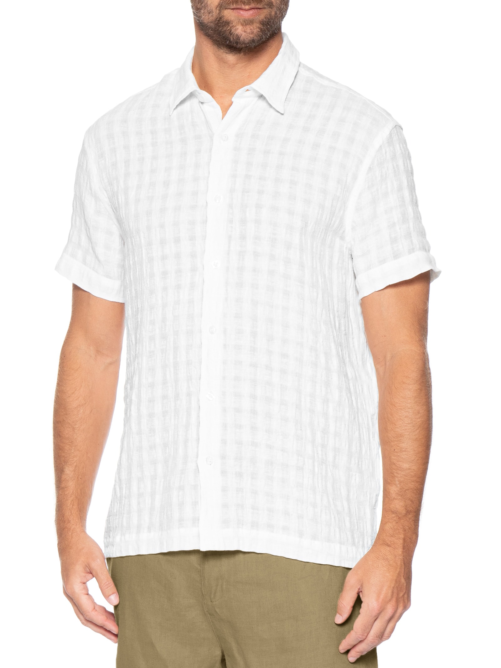Camisa Masculina Manga Curta de Linho Havana Dark Branco Foxton