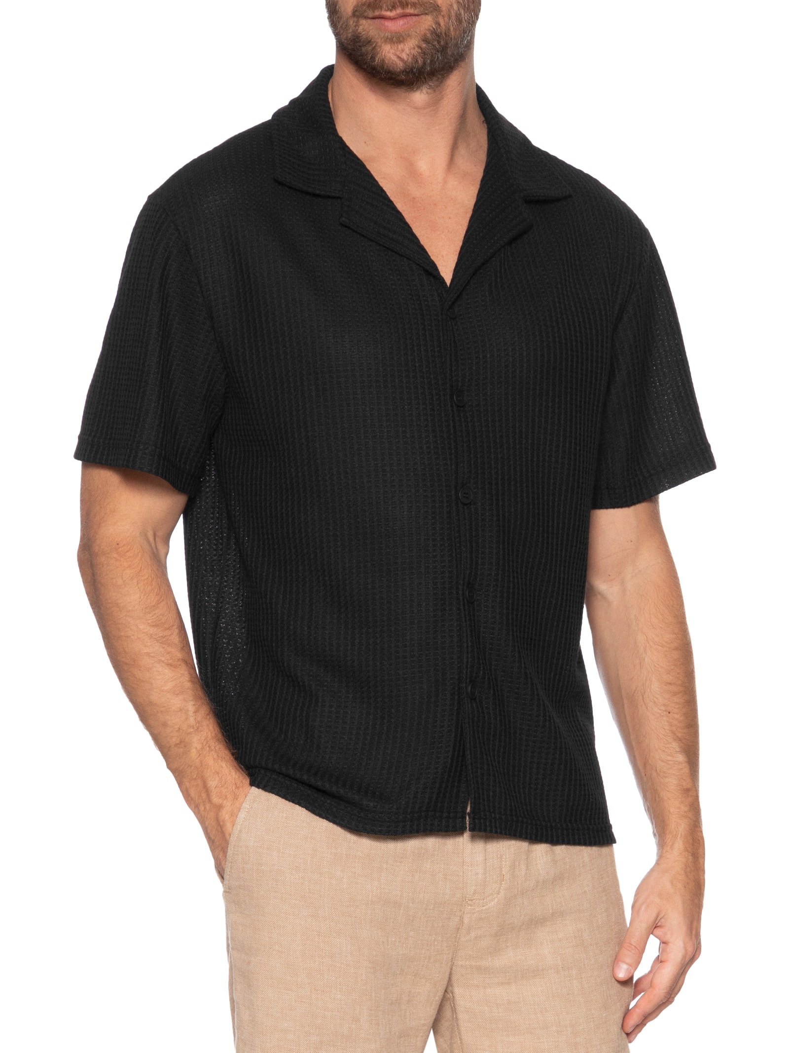 Camisa Masculina Manga Curta Em Tricot Preto Basiq Men