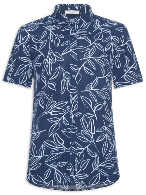 Camisa Masculina Manga Curta Estampa Folhagem - Azul