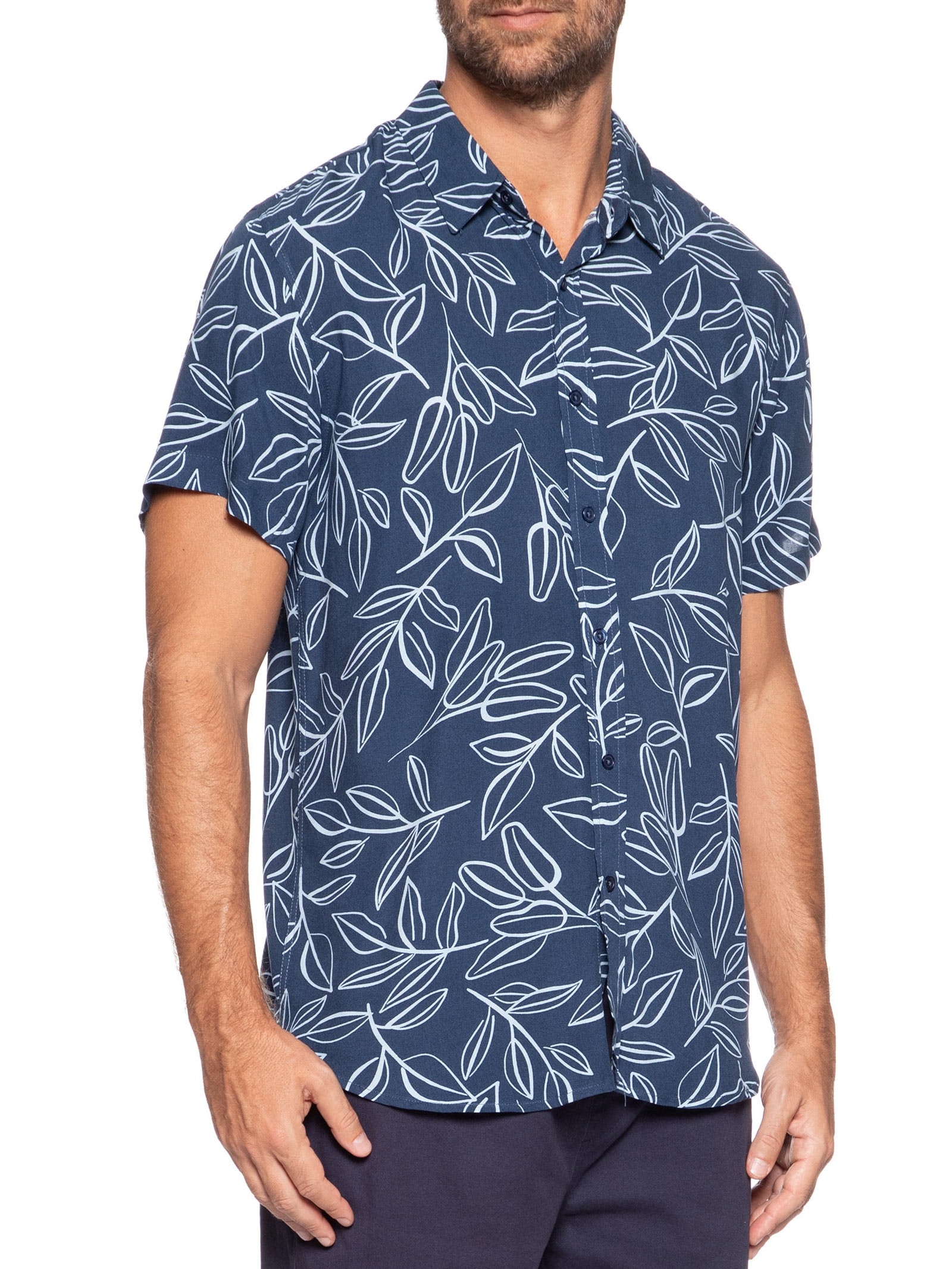 Camisa Masculina Manga Curta Estampa Folhagem Azul Basiq Men
