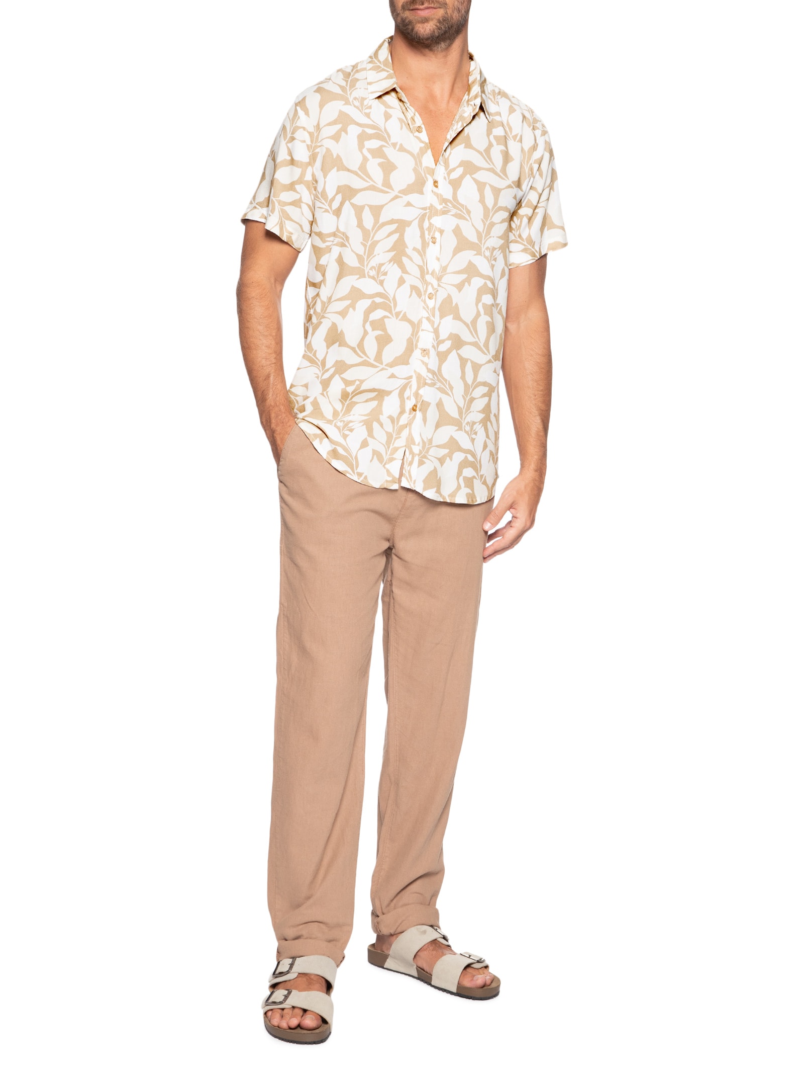 Camisa Masculina Manga Curta Estampa Folhagem Bege Basiq Men