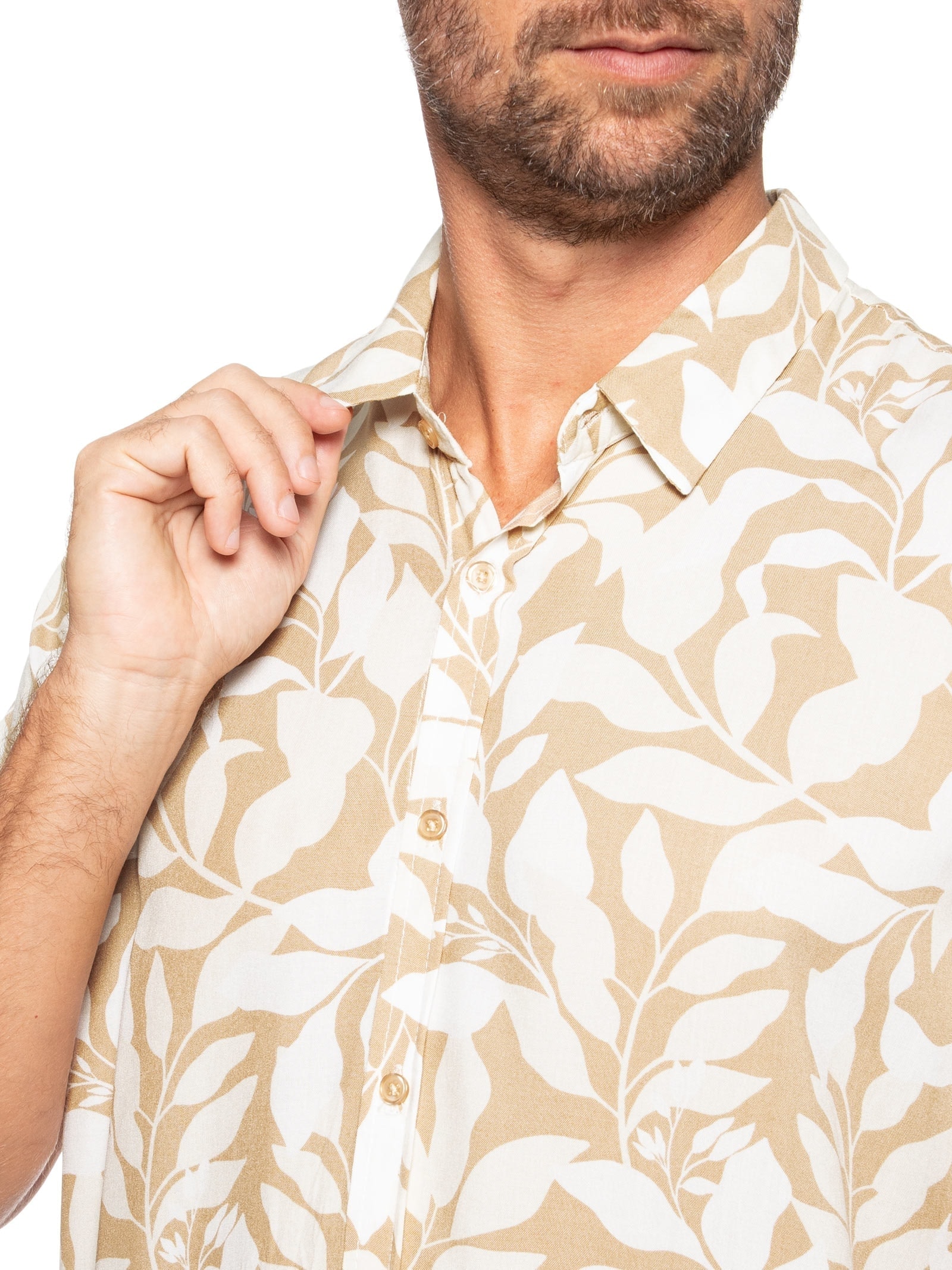 Camisa Masculina Manga Curta Estampa Folhagem Bege Basiq Men