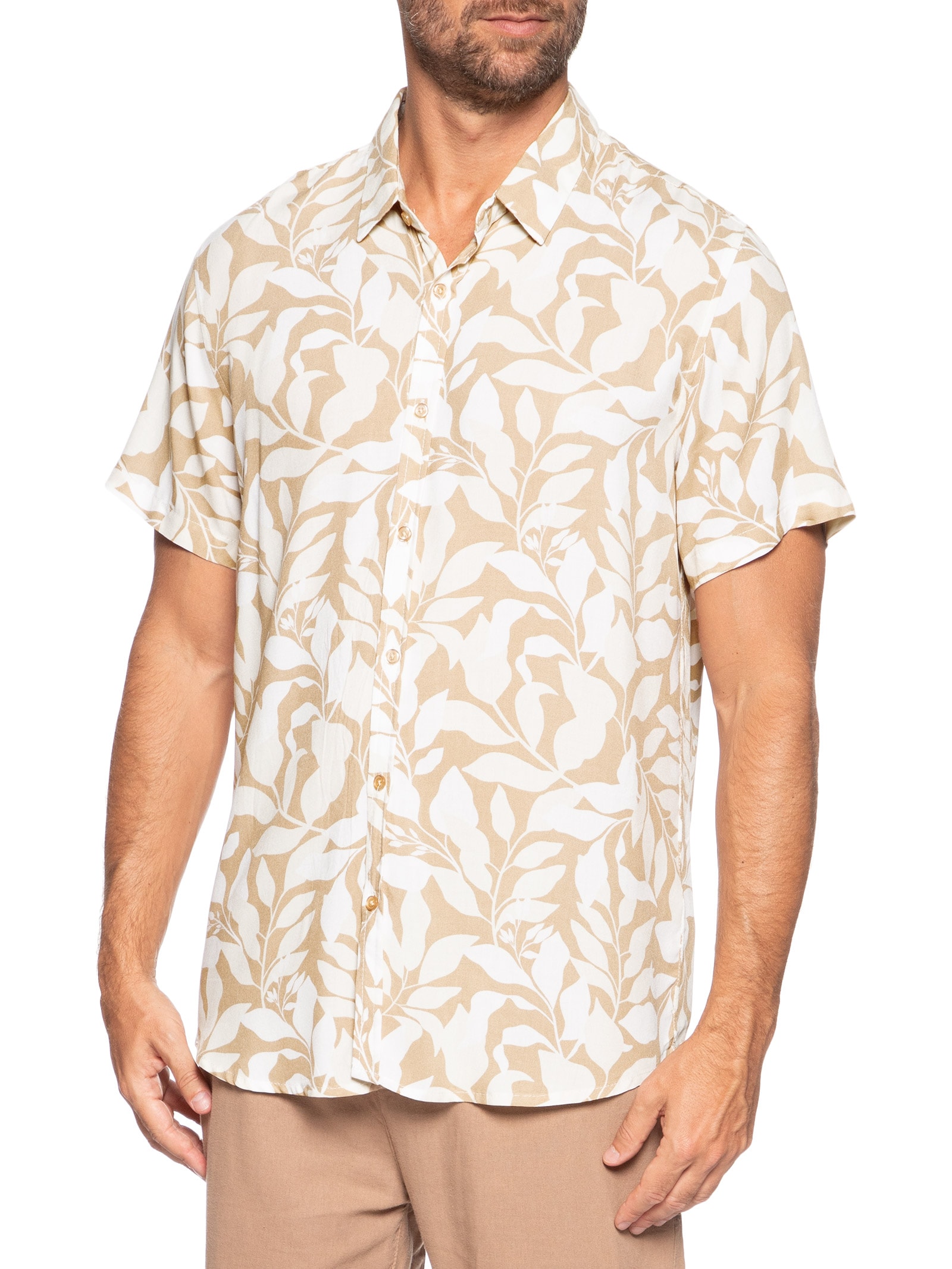 Camisa Masculina Manga Curta Estampa Folhagem Bege Basiq Men