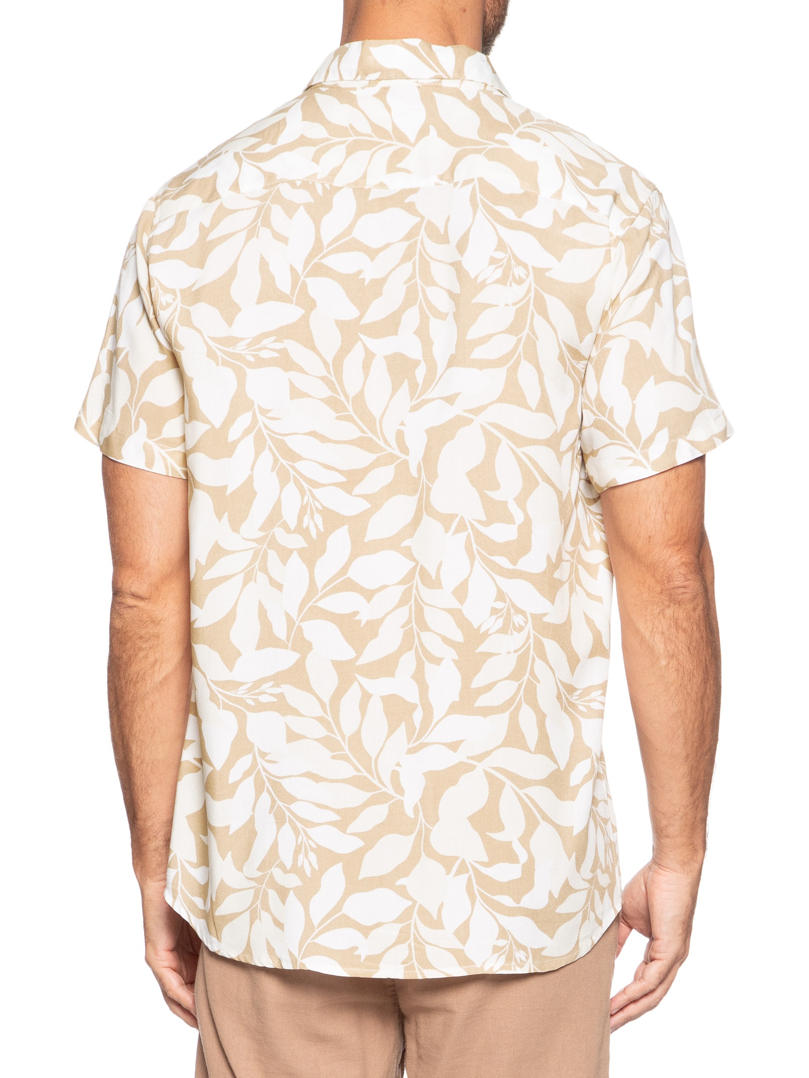 Camisa Masculina Manga Curta Estampa Folhagem Bege Basiq Men