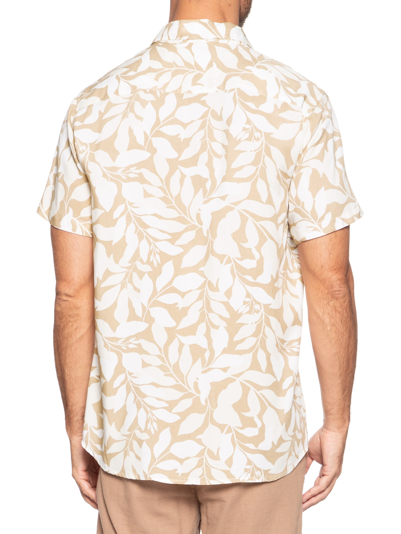 Camisa Masculina Manga Curta Estampa Folhagem Bege Basiq Men
