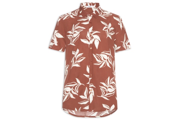 Camisa Masculina Manga Curta Estampa Folhagem - Marrom