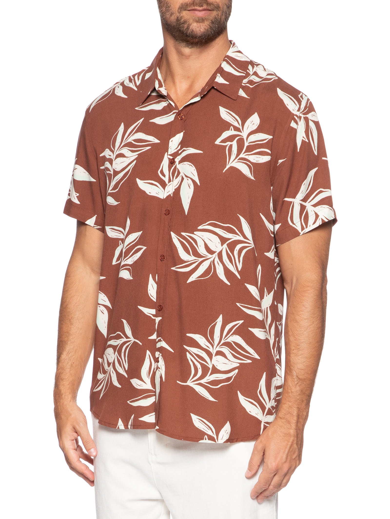 Camisa Masculina Manga Curta Estampa Folhagem Marrom Basiq Men