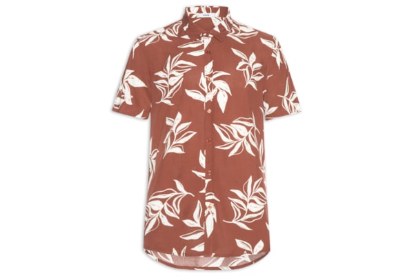 Camisa Masculina Manga Curta Estampa Folhagem - Marrom