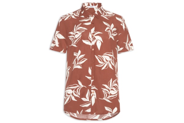 Camisa Masculina Manga Curta Estampa Folhagem - Marrom