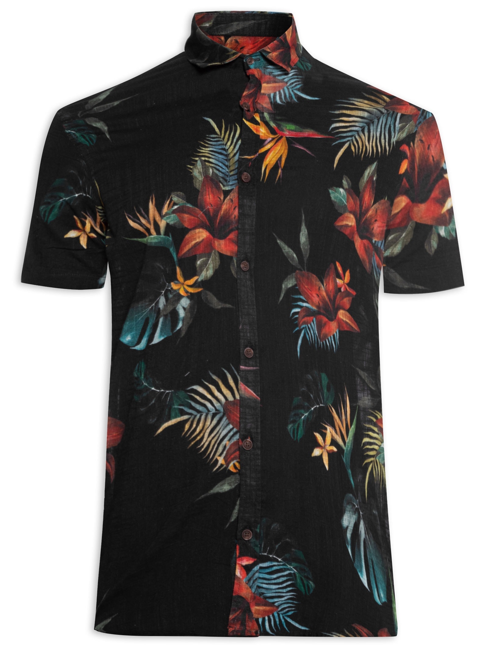 Camisa Masculina Manga Curta Estampada Tropica Preto Reserva