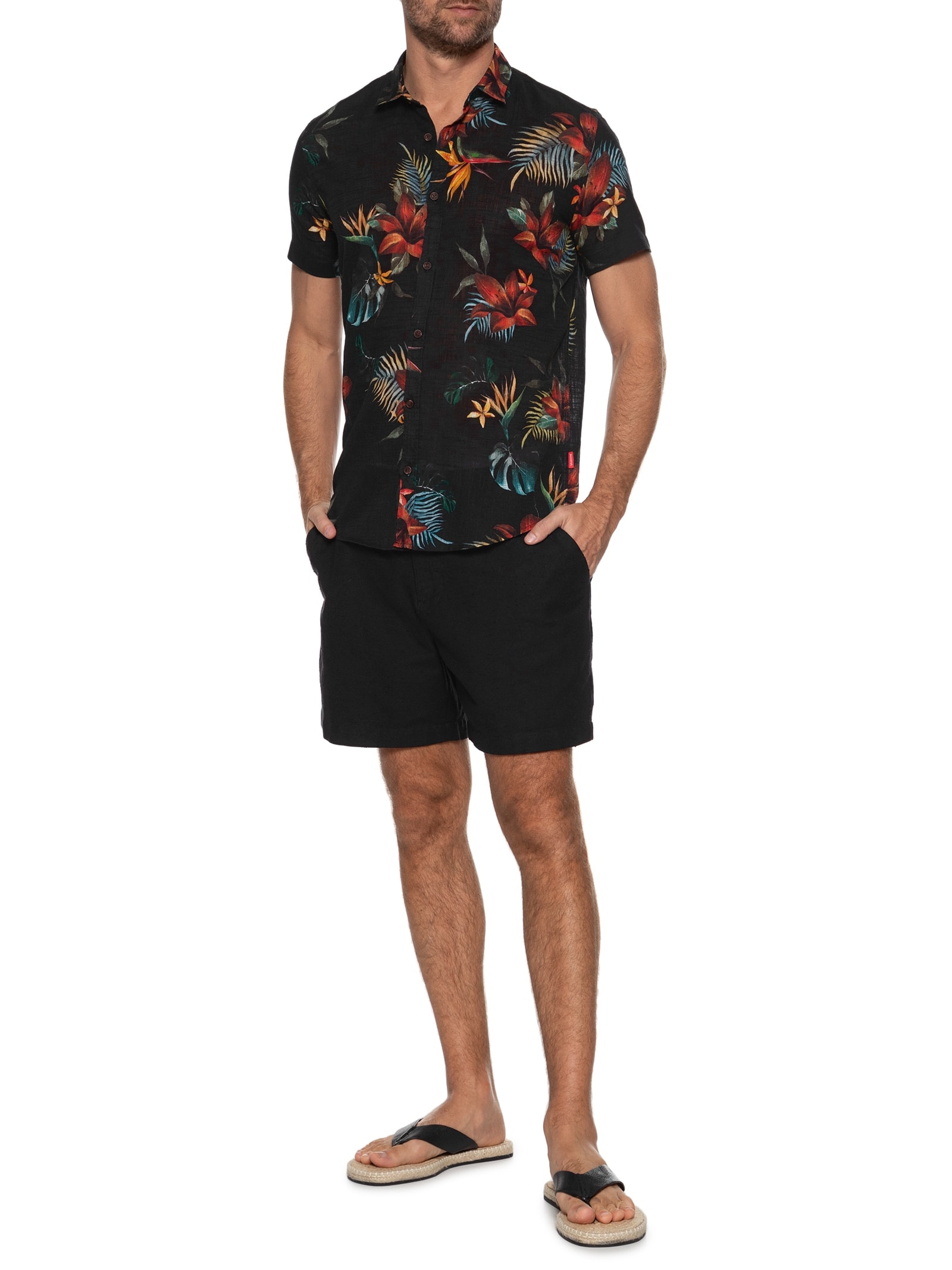 Camisa Masculina Manga Curta Estampada Tropica Preto Reserva