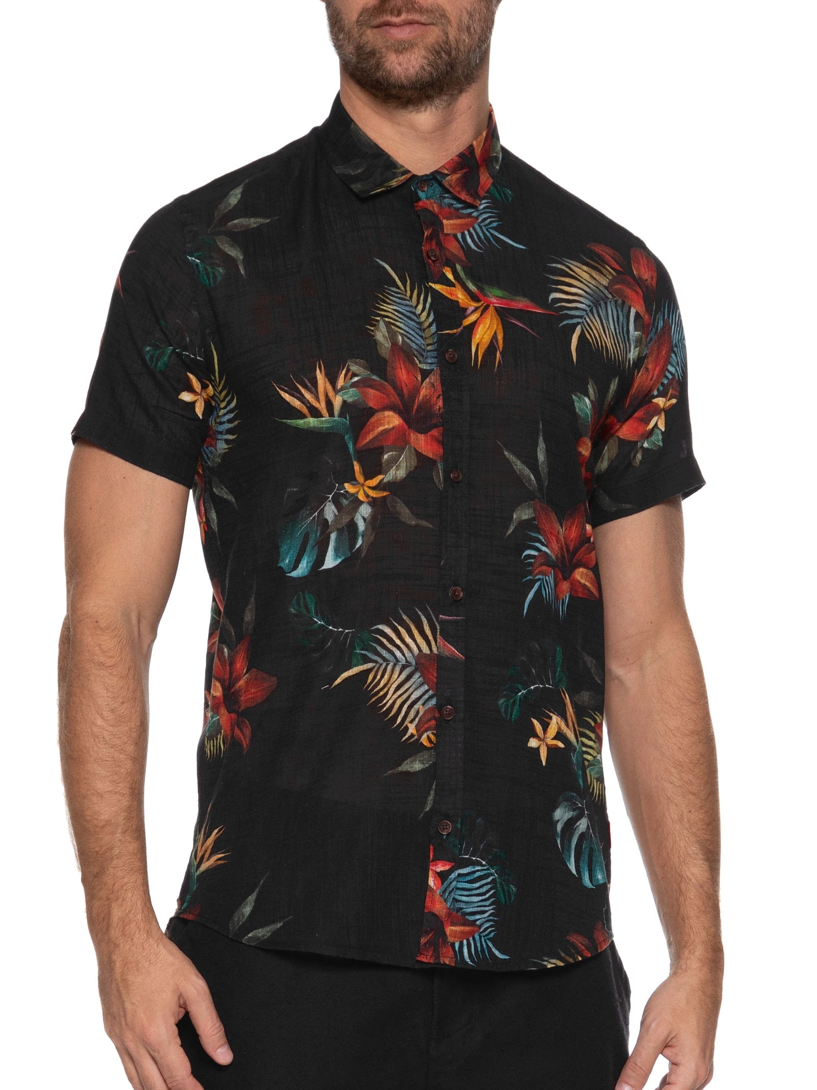 Camisa Masculina Manga Curta Estampada Tropica Preto Reserva