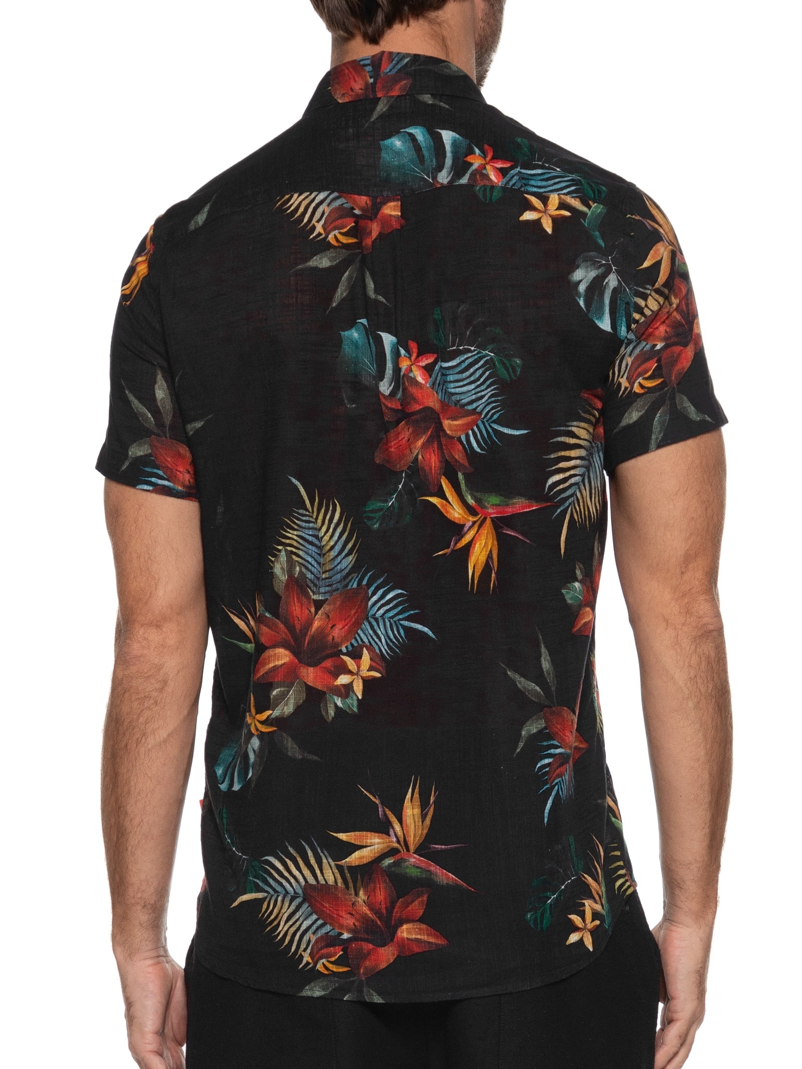 Camisa Masculina Manga Curta Estampada Tropica Preto Reserva