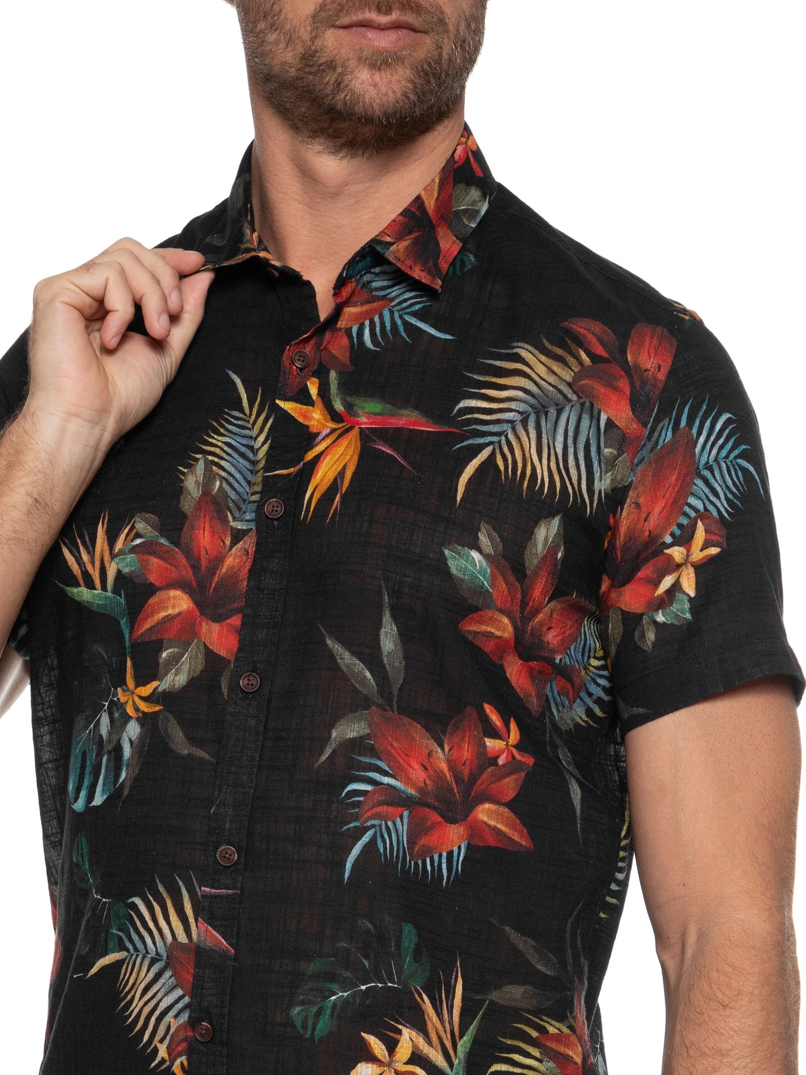 Camisa Masculina Manga Curta Estampada Tropica Preto Reserva