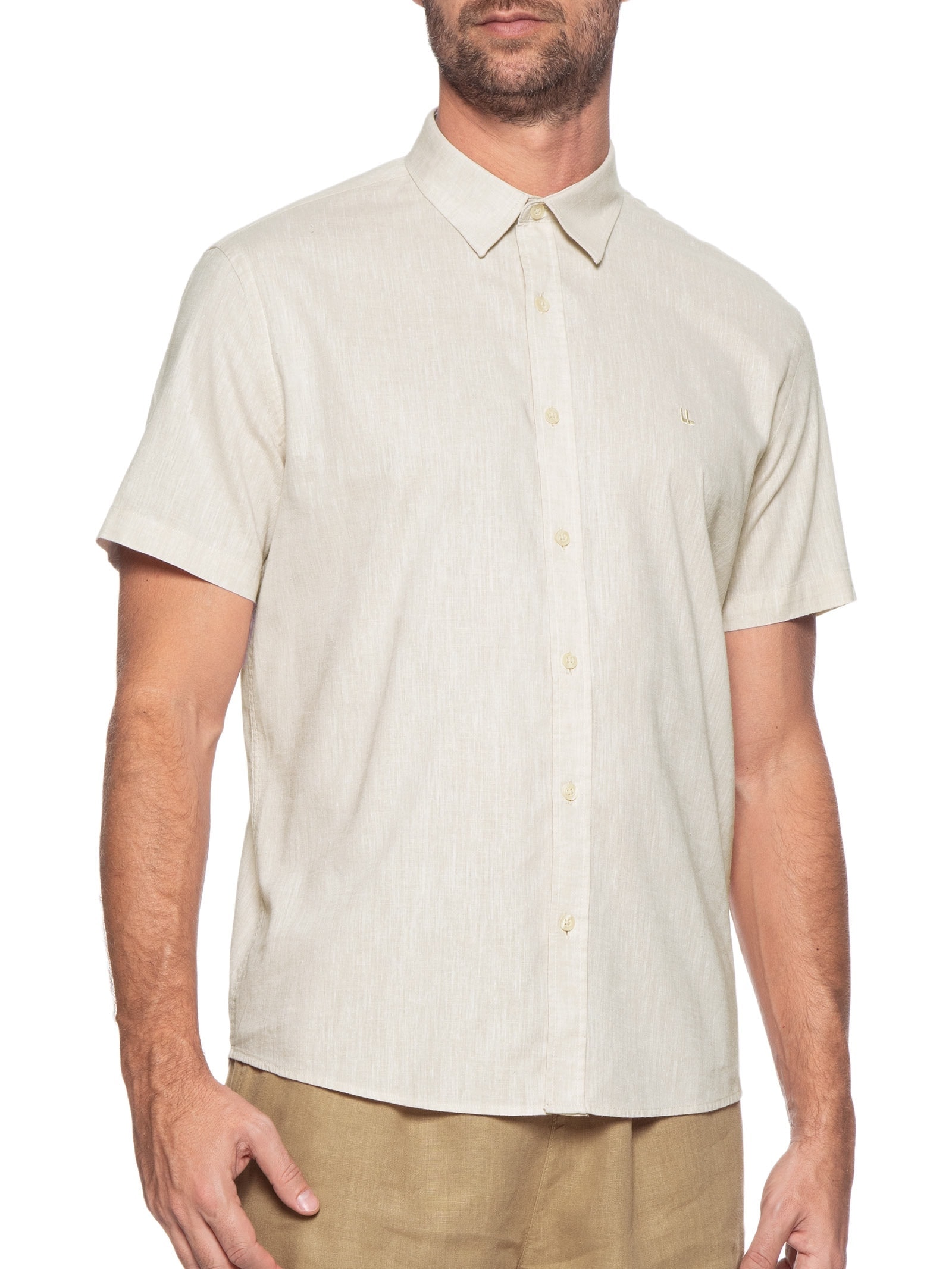 Camisa Masculina Manga Curta Fio Tinto Color Bege Foxton