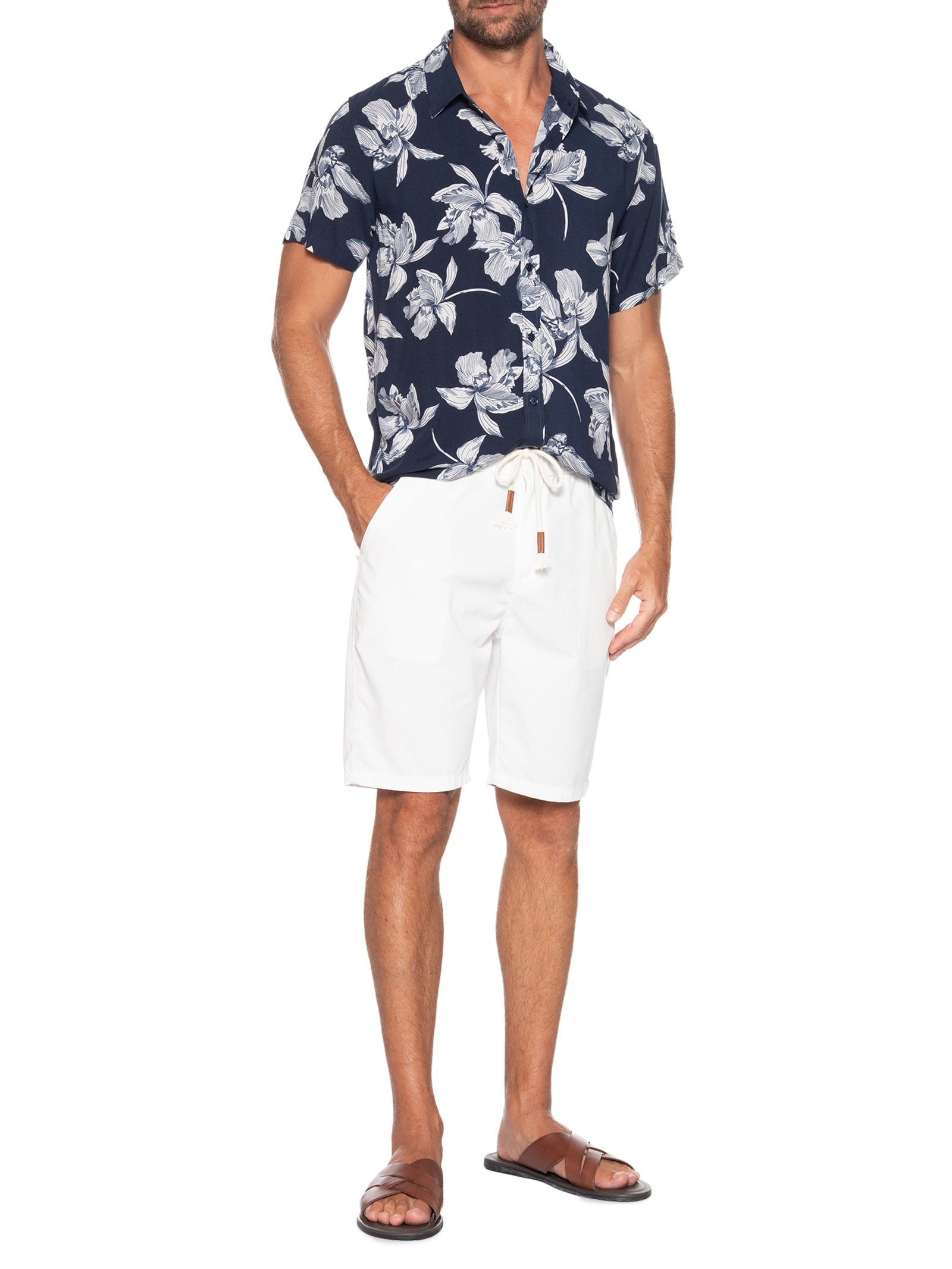 Camisa Masculina Manga Curta Floral Azul Basiq Men