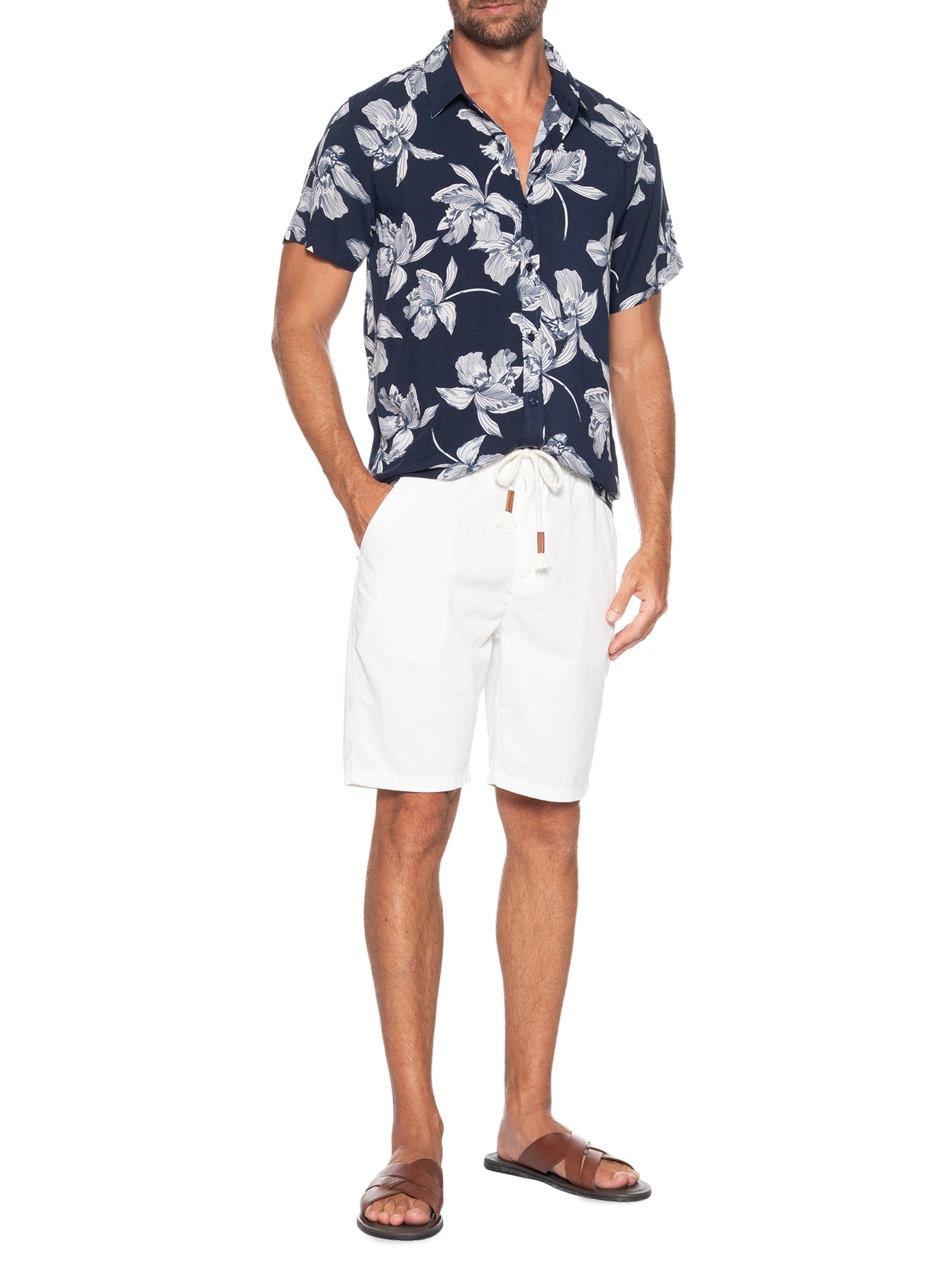 Camisa Masculina Manga Curta Floral Azul Basiq Men