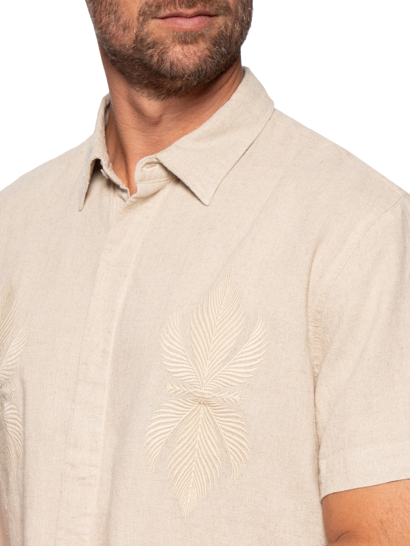 Camisa Masculina Manga Curta Linen Bordado Bege Osklen