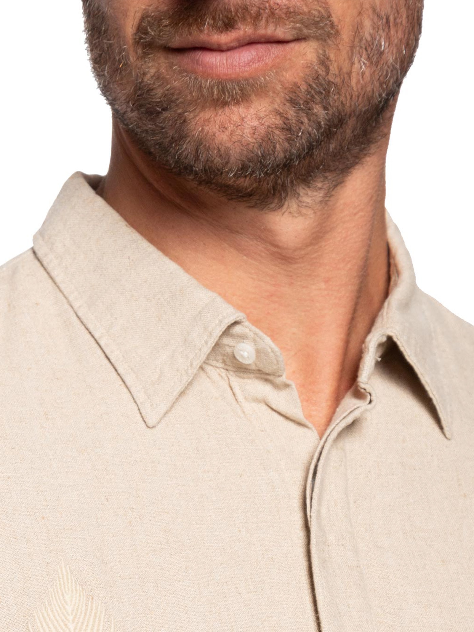 Camisa Masculina Manga Curta Linen Bordado Bege Osklen