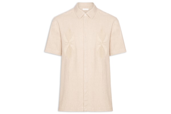 Camisa Masculina Manga Curta Linen Bordado - Bege