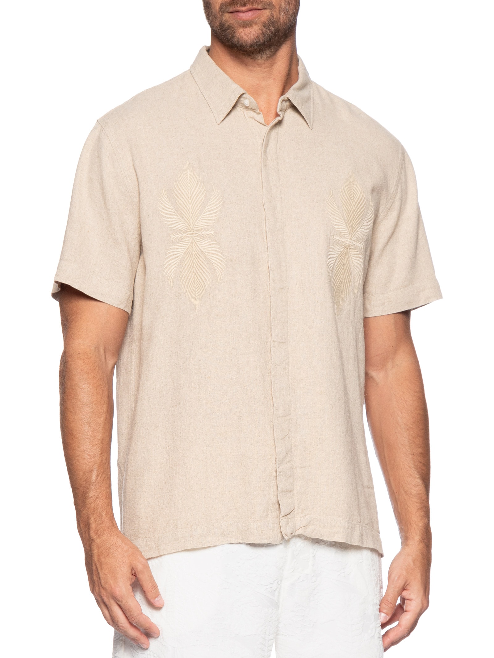 Camisa Masculina Manga Curta Linen Bordado Bege Osklen