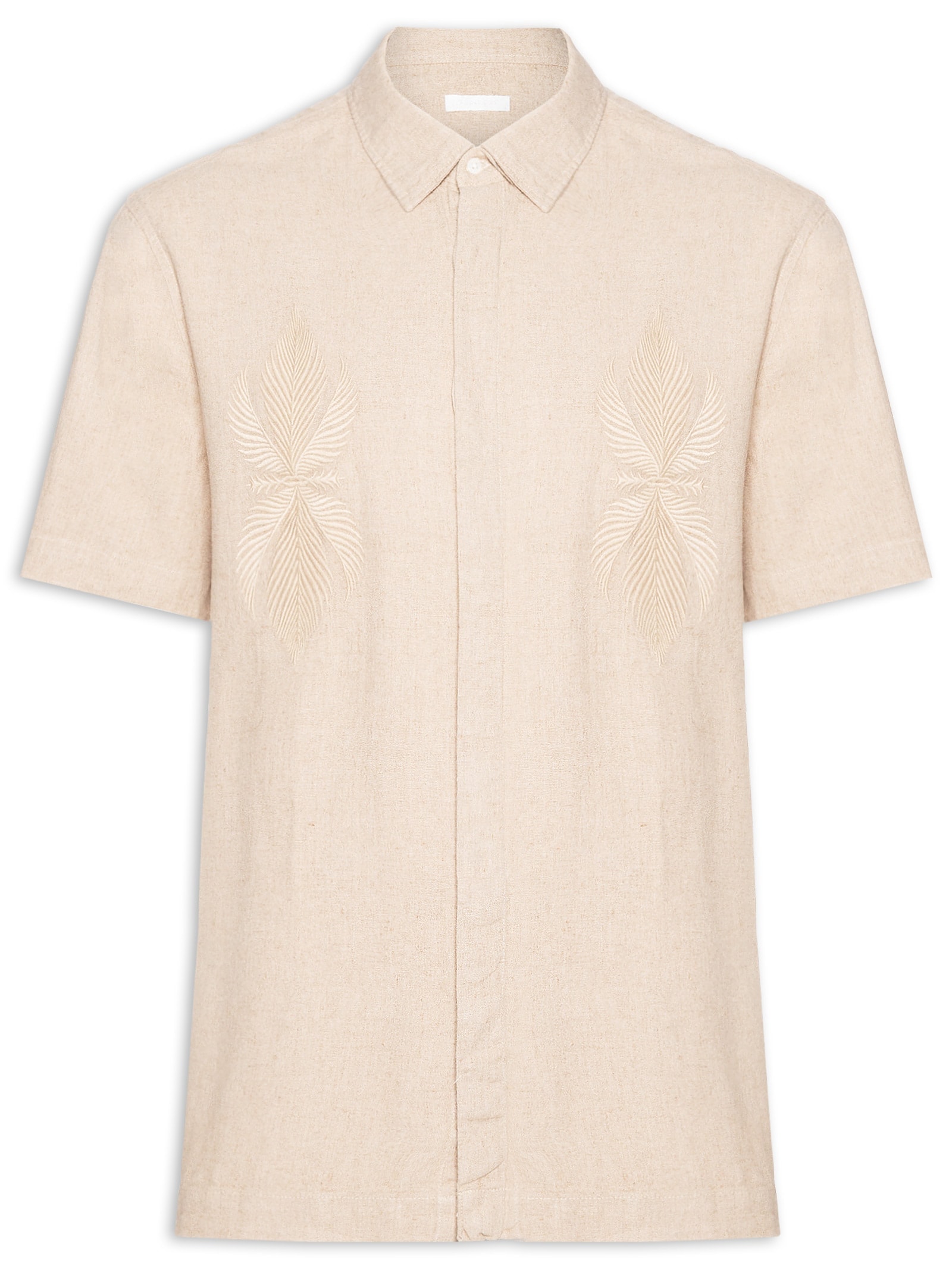 Camisa Masculina Manga Curta Linen Bordado Bege Osklen