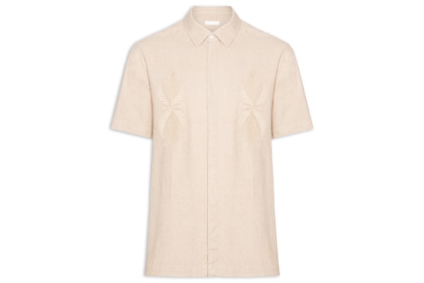 Camisa Masculina Manga Curta Linen Bordado - Bege