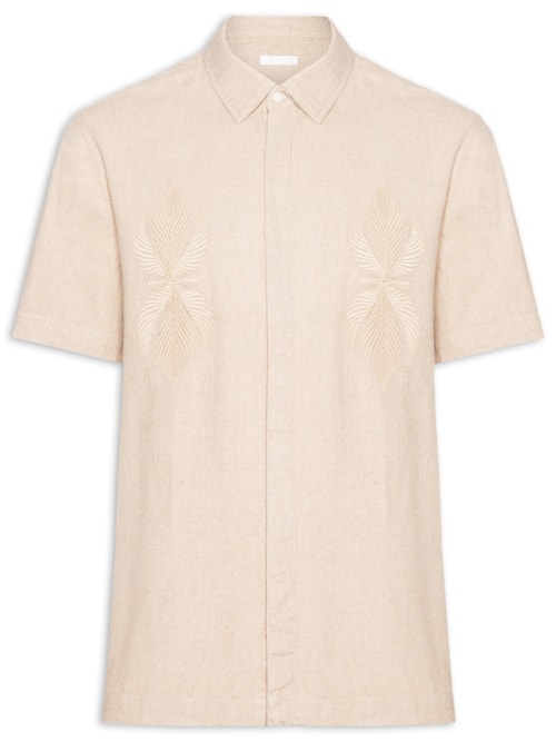 Camisa Masculina Manga Curta Linen Bordado - Bege
